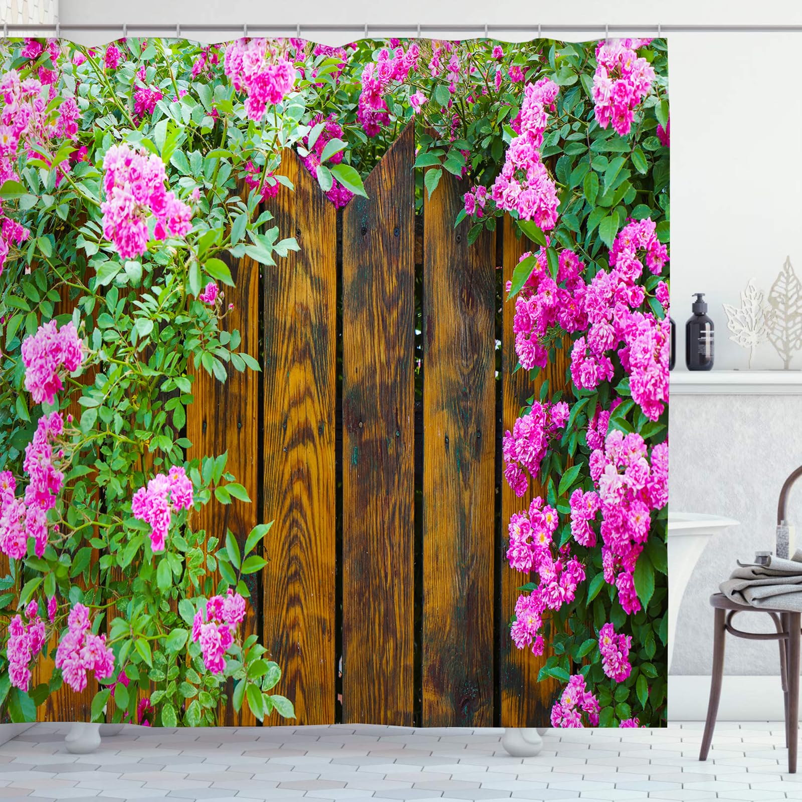 OCEUMACO Garden Shower Curtain Outdoor, 3D Wood Fence Flowers Roses Scenery Bath Shower Curtains Bathroom Decor, Garden Scene Theme Waterproof Polyester Fabric with Hooks 240x200 cm, A010