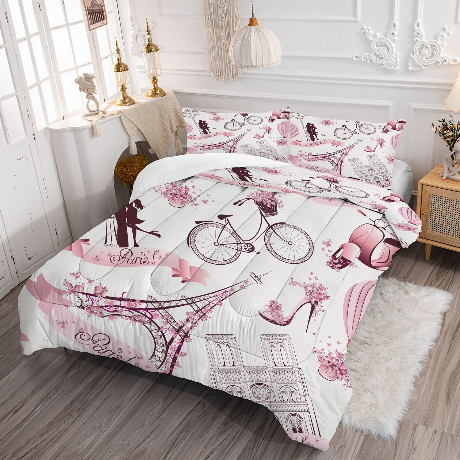 kxry Eiffel Tower Bedding Set Queen Size Paris Comforter for Girls Women French Style Couple Pink Flower Quilted Duvet 1 Comforter + 2 Pillow Cases