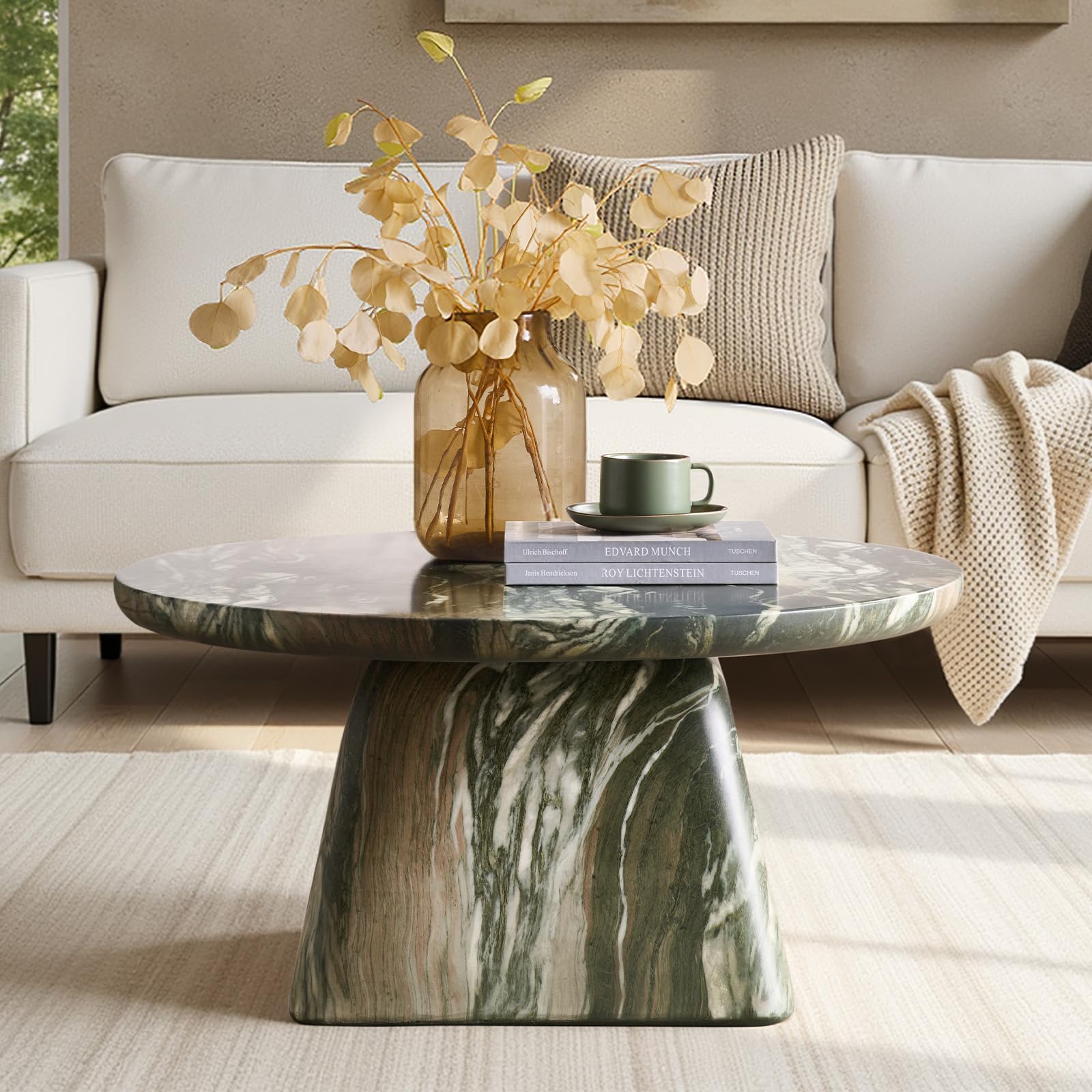 HULALA HOME Modern 31 88 Round Coffee Table with Stone-Look Finish and Sculpted Pedestal Base Stylish Living Room