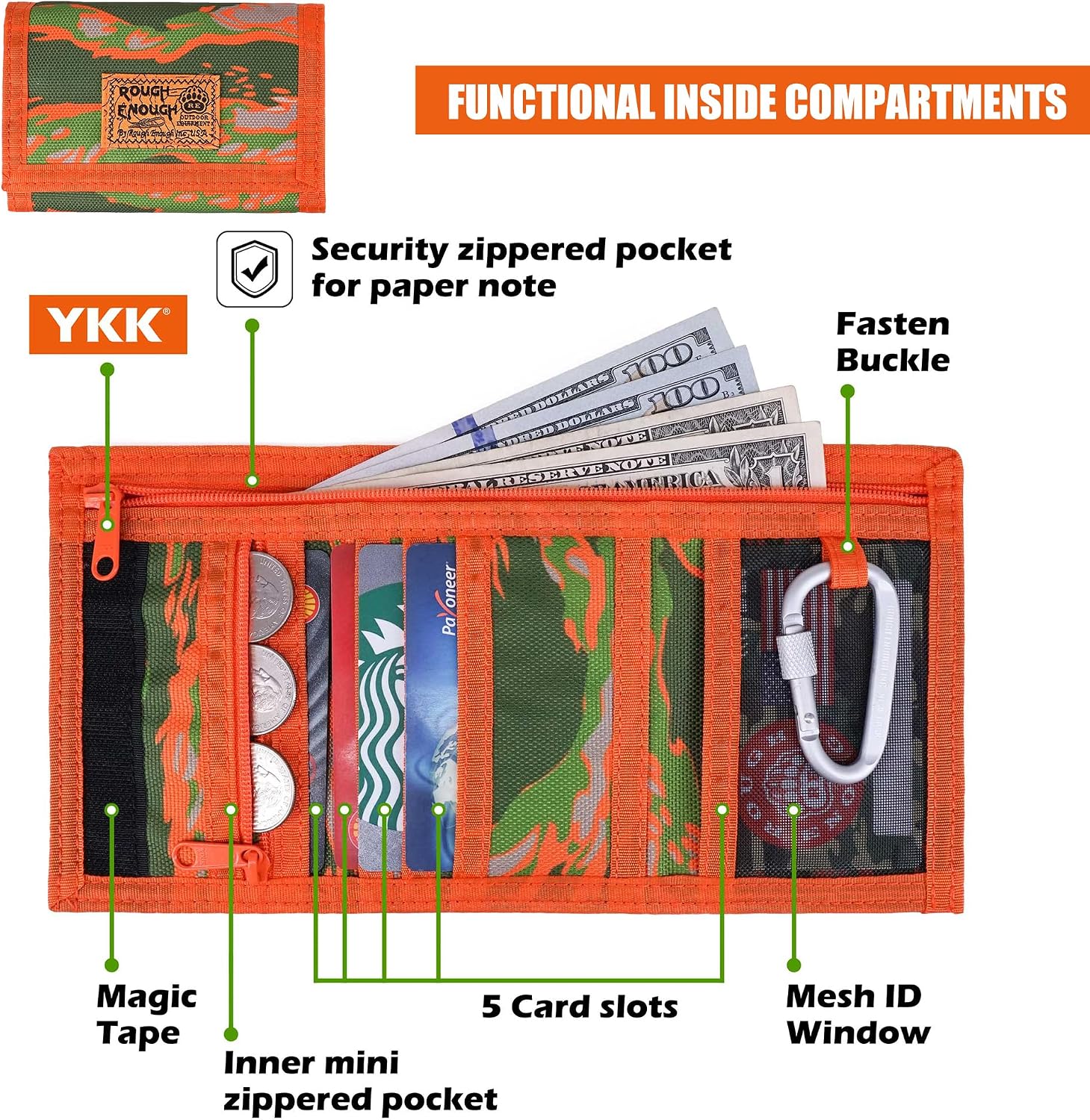 Rough Enough Kids Wallet for Boys Girls Teens with Adjustable Neck Lanyard Keychain Zipper Coin Purse Travel Outdoors Camping Hiking Orange Camo