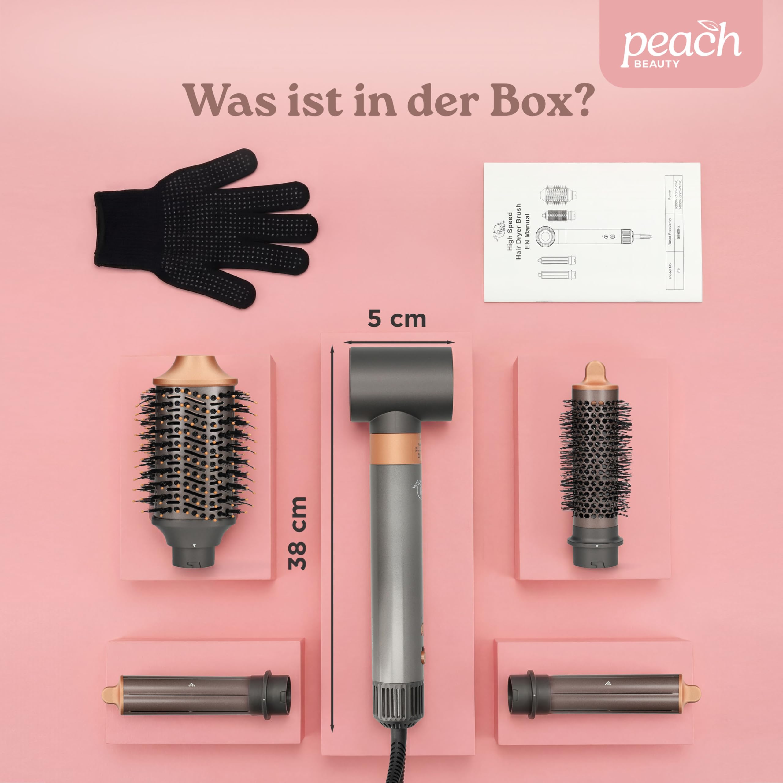 Hairstyler 5-in-1 | Airstyler Set | Heißluftschlauch | Multistyler | Volumen-Bürste | Runde Bürste | Lockenstab | Haartrockner | 110.000 U/min | 1400 W