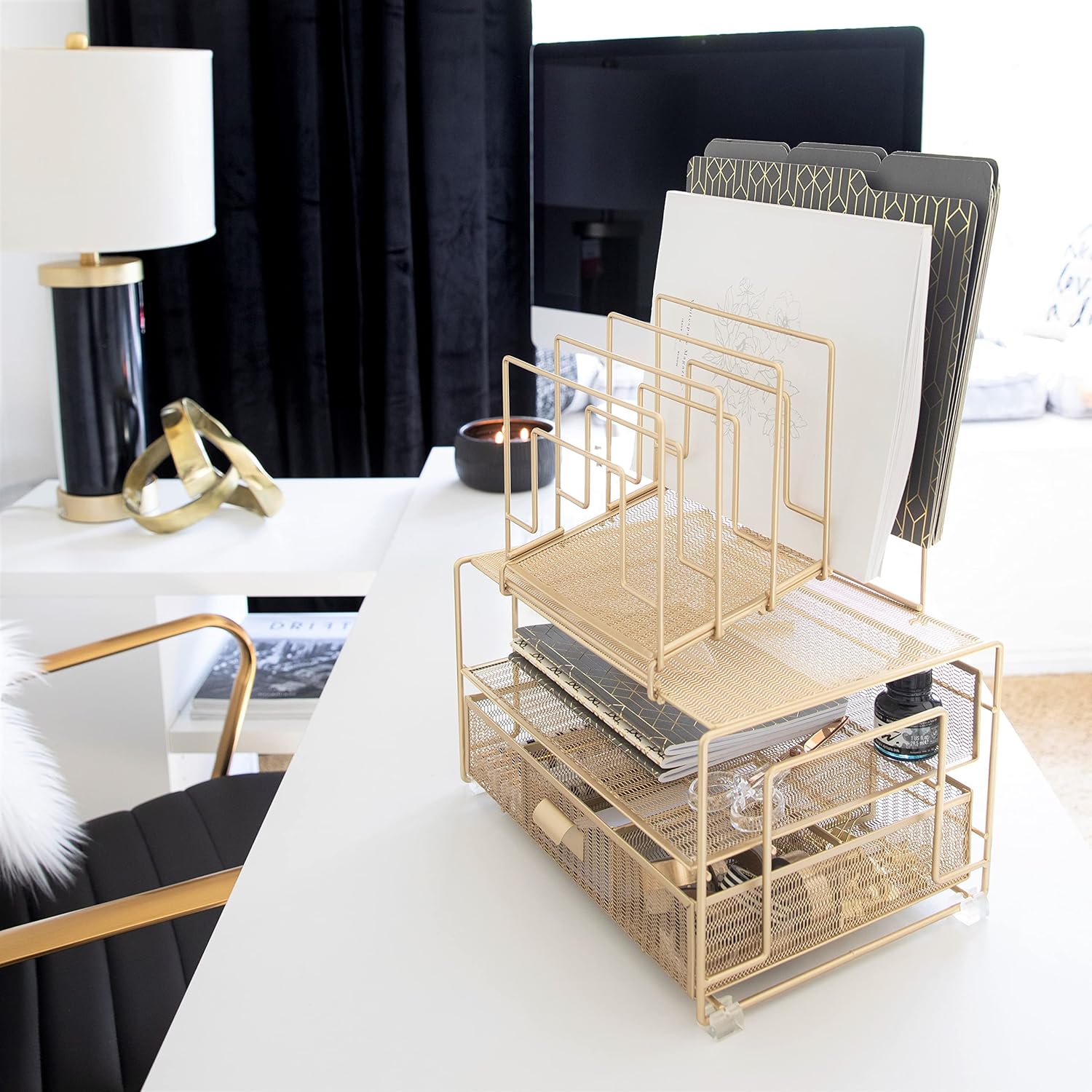 Blu Monaco Workspace Gold Desk Organizer and Accessories Desktop Rack with File sorters and Drawer for Office Supplies, Paper, Device and Folder : Office Products