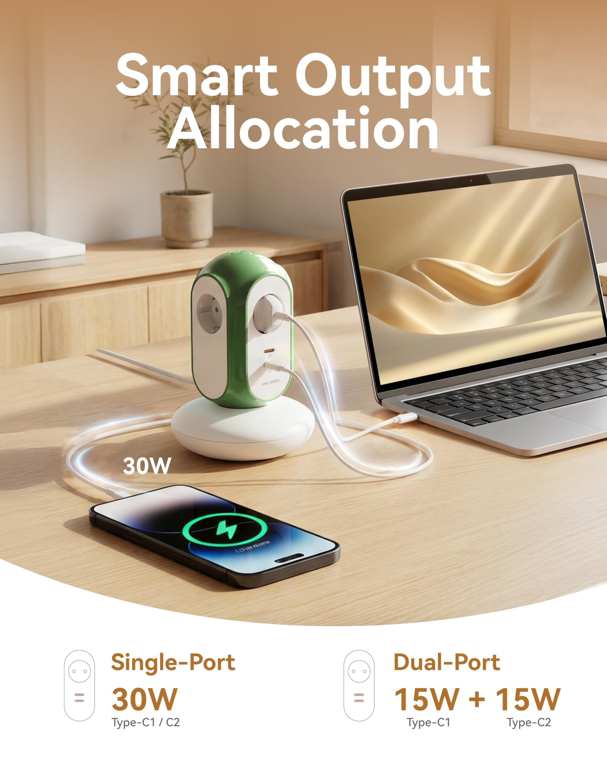 MiaoLab Regleta Eléctrica en Torre con 3 Tomas AC y 2 USB-C (Carga Rápida 30W), 3680W/16A, Protección contra Sobretensiones 1420J, Cable de Extensión 2 m, Protección contra Sobreca (Verde Normandia) — view 3