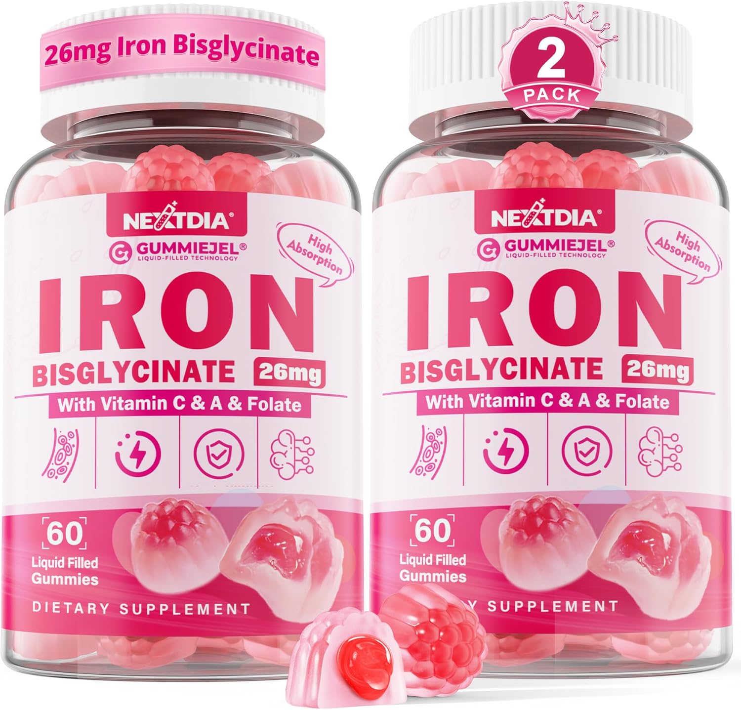 Iron Bisglycinate 26mg Filled Gummies- Gentle Beet Root Iron Gummy plus Vitamin C, Supplement Iron with B12 & Folate for Women & Men, Iron Deficiency, Immune & Energy Support, Sugar-Free, Vegan,120Cts