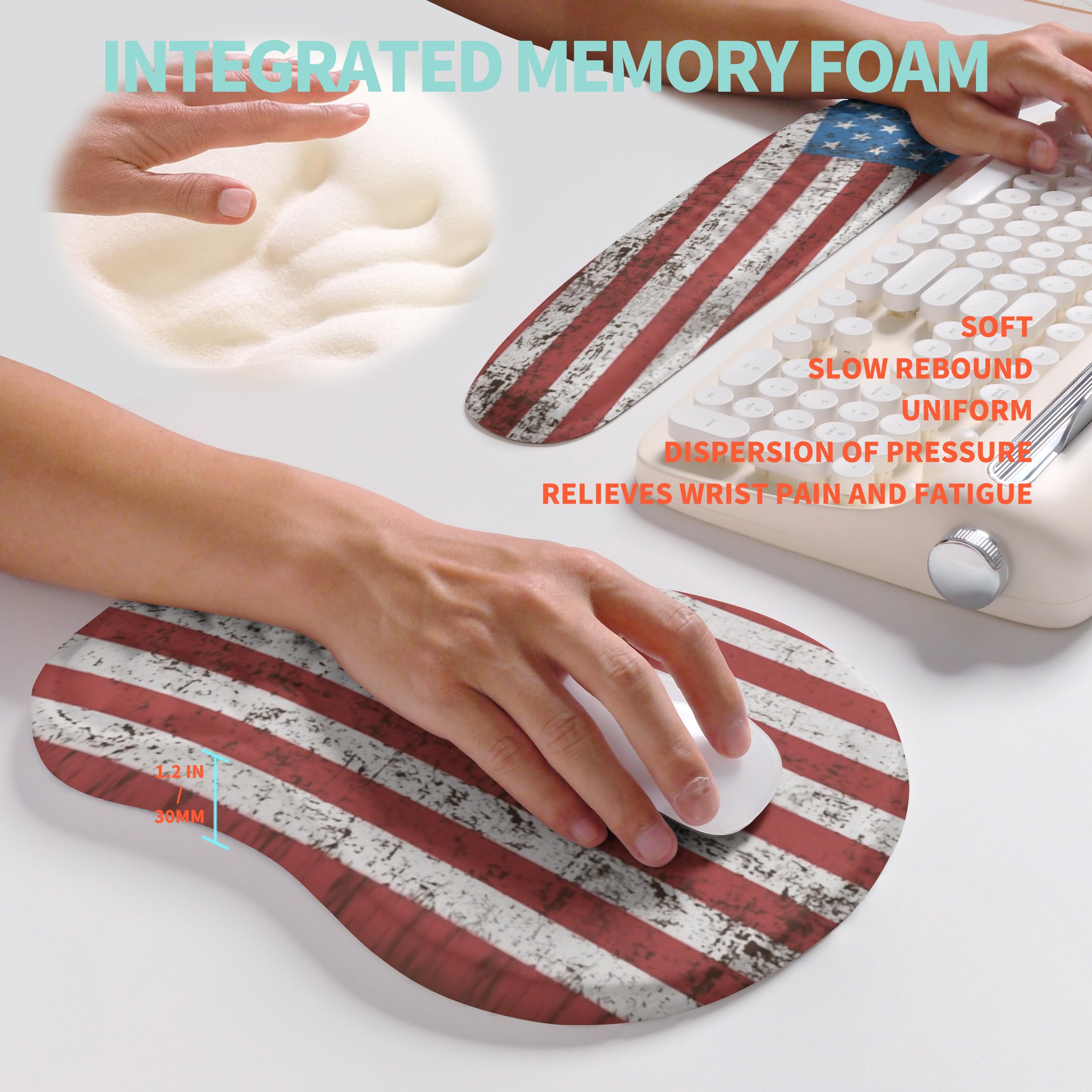 Set ergonomico 2 in 1, poggiapolsi per tastiera Wave Rise e tappetino per mouse con supporto per il polso, cuscino in memory foam integrato per alleviare il dolore al polso, bandiera americana