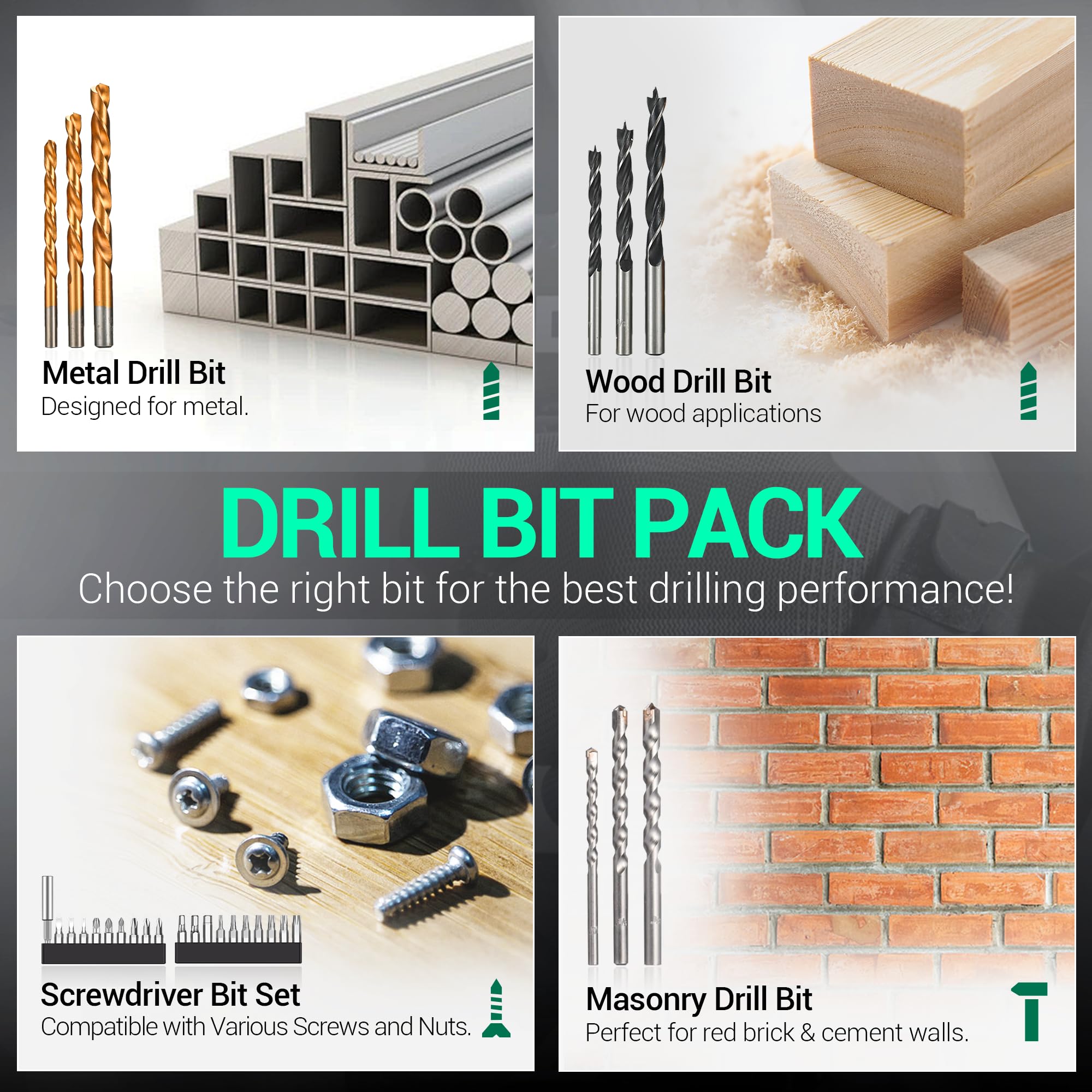 Assortment of metal, wood, masonry, and screwdriver bits included with the DCA hammer drill