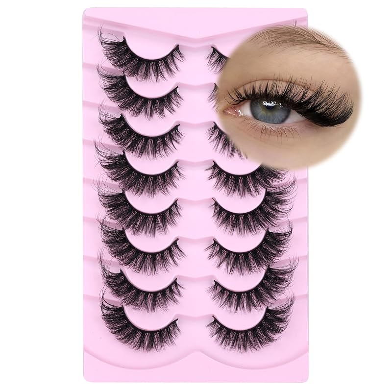 Cílios postiços estilo cat eye GVEFETIEE, efeito wispy, fibra sintética preta, 8 pares