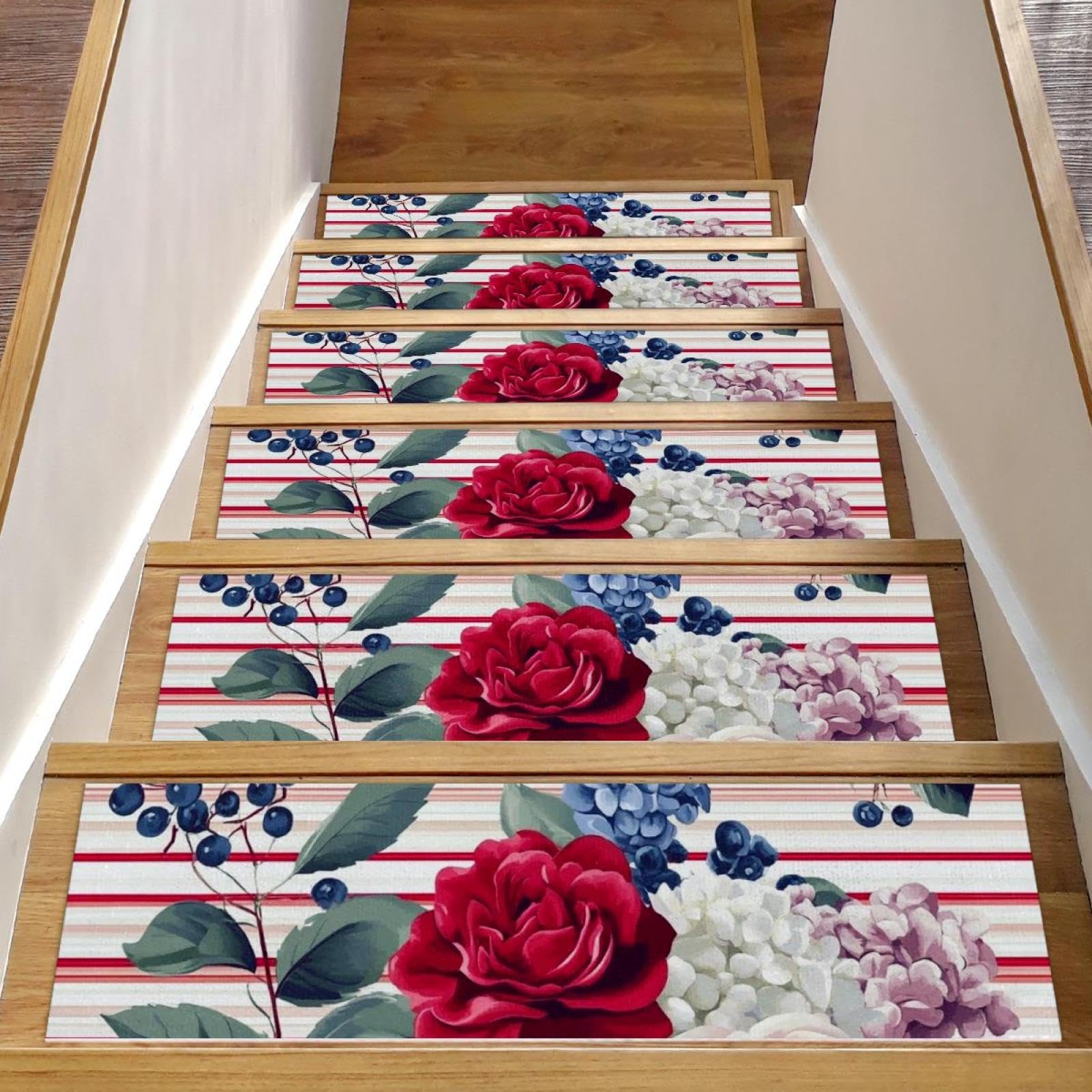 Alfombras para peldaños CHENZZZZ de madera con diseño de rosas rojas pack de 15