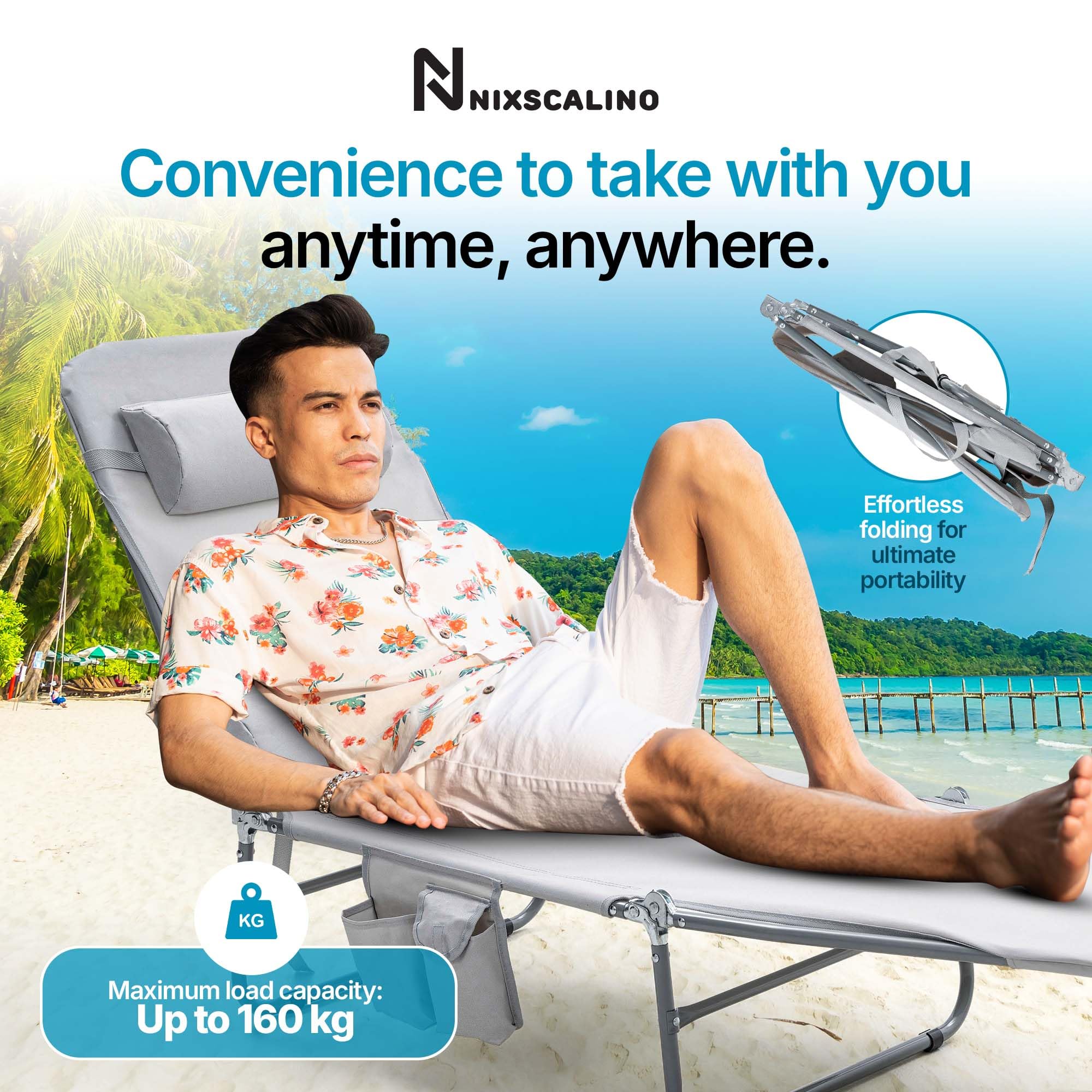 NIXSCALINO Lounge Chair | Adjustable Recliner with Foldable Leg Part | Lightweight Aluminum Frame | Ergonomic Cushioning | cot for Camp | Perfectly Suite for Beach, Outdoor Camping