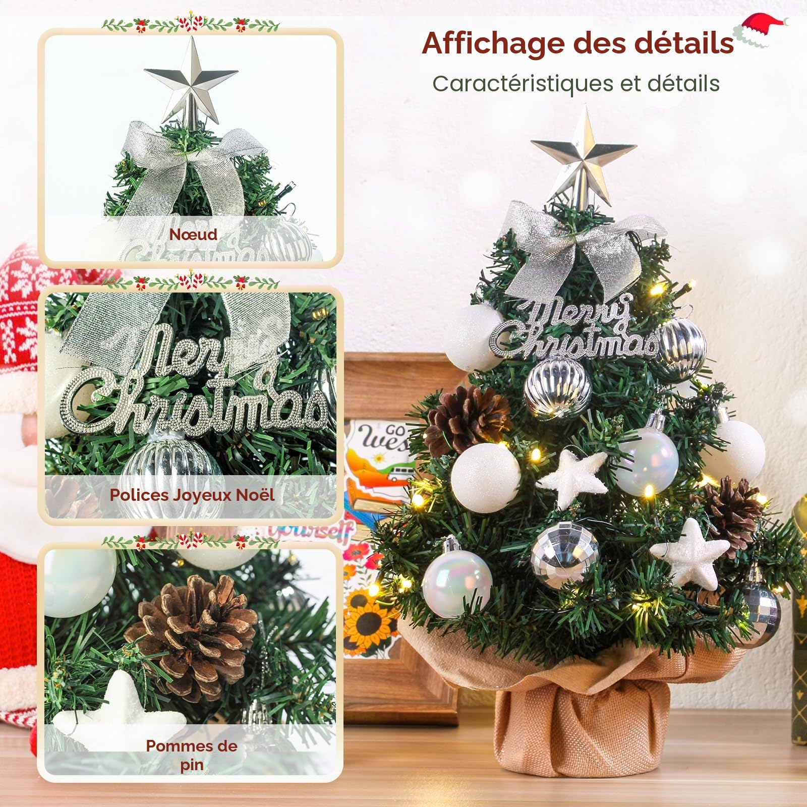 Mini sapin de Noël Petit sapin de Noël avec éclairage LED, décoré artificiellement pour Noël, petit sapin de Noël de table, 60 cm