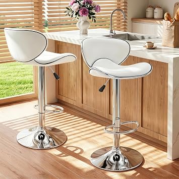 Vogue Furniture Direct PU Leather Adjustable Bar Stools, Modern Swivel Airlift Barstools with Back, Armless Counter Height Chairs for Kitchen Dining Pub Cafe Set of 2 Pearl White