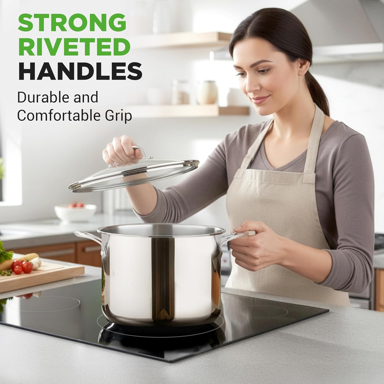 NutriChef 8-Quart Stainless Steel Stock Pot - 18/8 Food Grade Stainless Steel Heavy Duty Induction - Stock Pot, Stew Pot, Simmering Pot with See-Through Lid, Dishwasher Safe - NCSP8