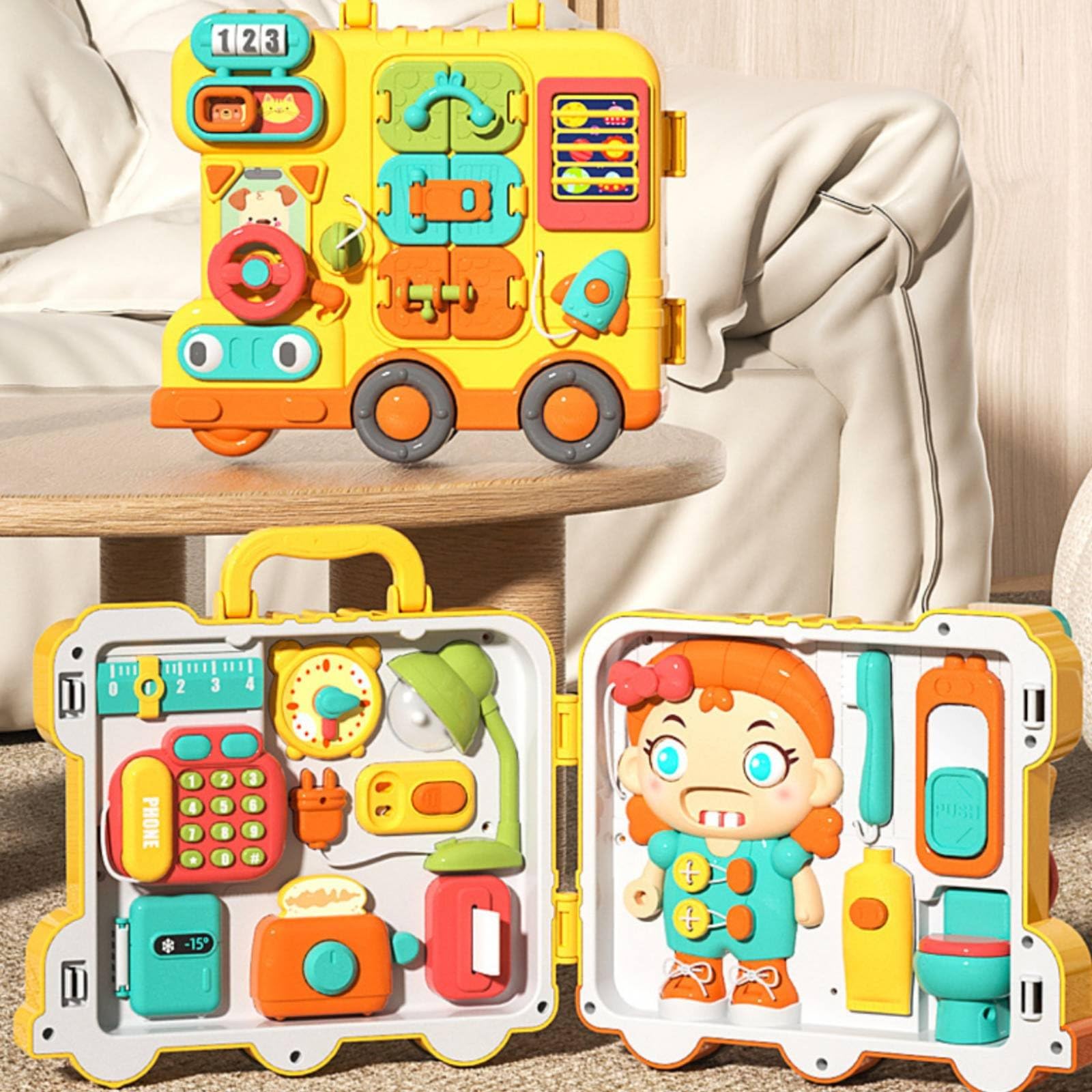 Tablero Tablero Sensorial Tablero de Actividades Tablero Ocupado con Puertas Números y Volante para Coordinación Bus de Actividades Plástico Adecuado, Versión con Pilas En Caja De Regalo