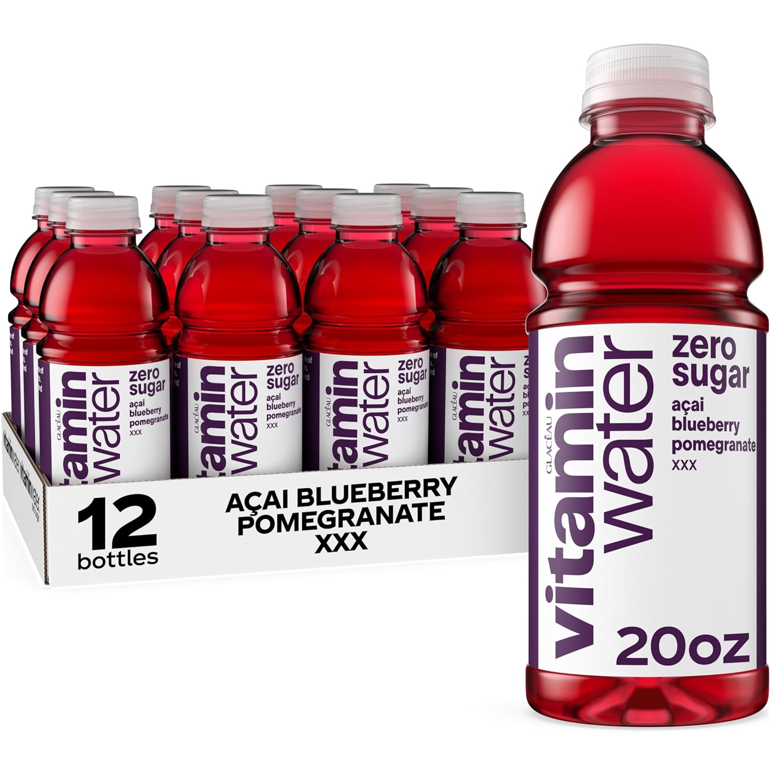 vitaminwater XXX Acai-Blueberry-Pomegranate Zero Sugar, Flavored Water Beverage, 20 fl oz Bottles, 12 Pack Zero Sugar XXX Açai Blueberry Pomegranate 20.05 Fl Oz (Pack of 12), (best by Dec. 8,2025)