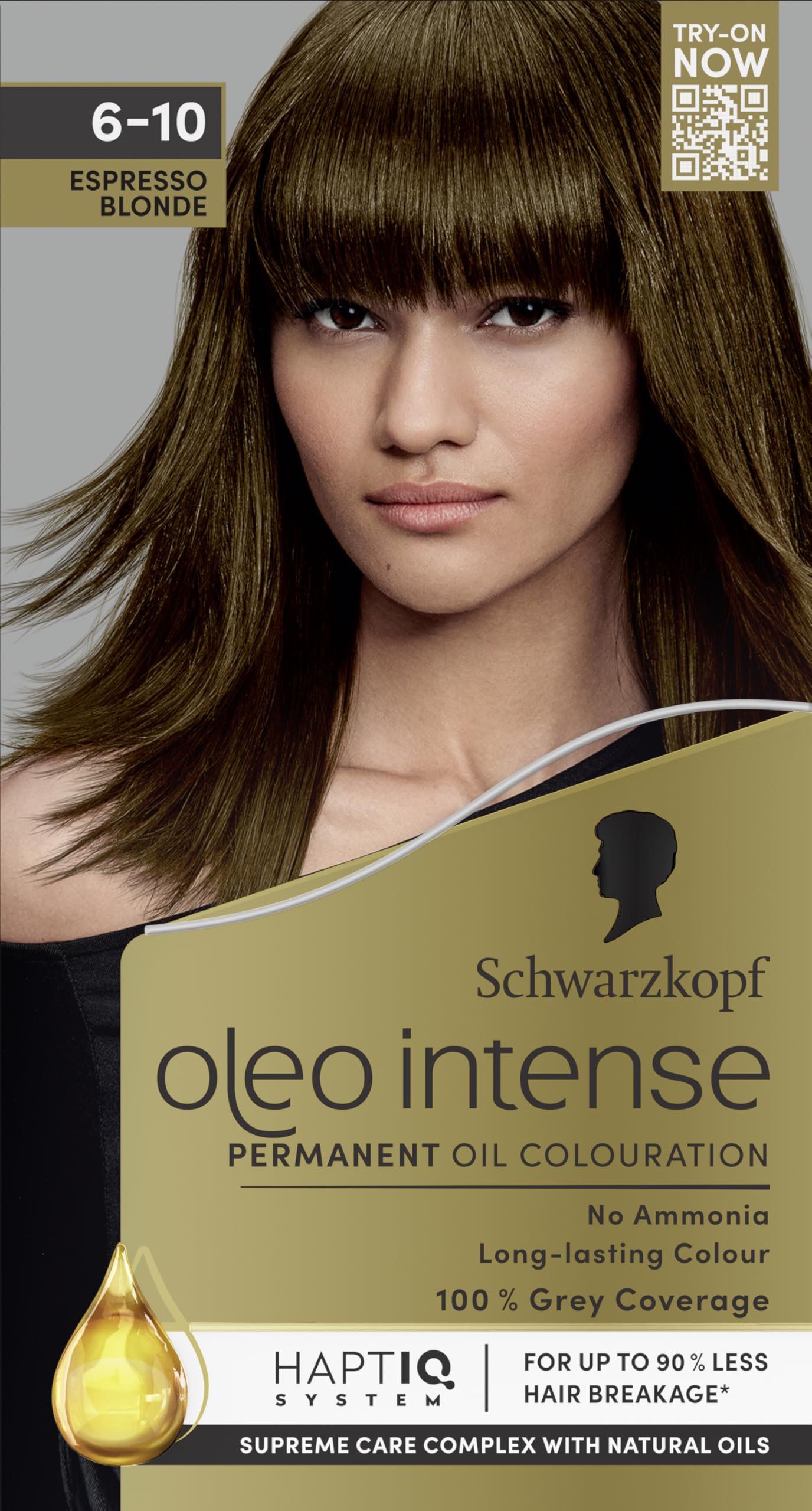 Schwarzkopf Oleo Intense Permanent Oil Colour Hair Dye, 100% Grey Coverage, Conditioner with HaptIQ System, Long-Lasting Colour, Ammonia Free Hair Dye - 6-10 Espresso Blonde