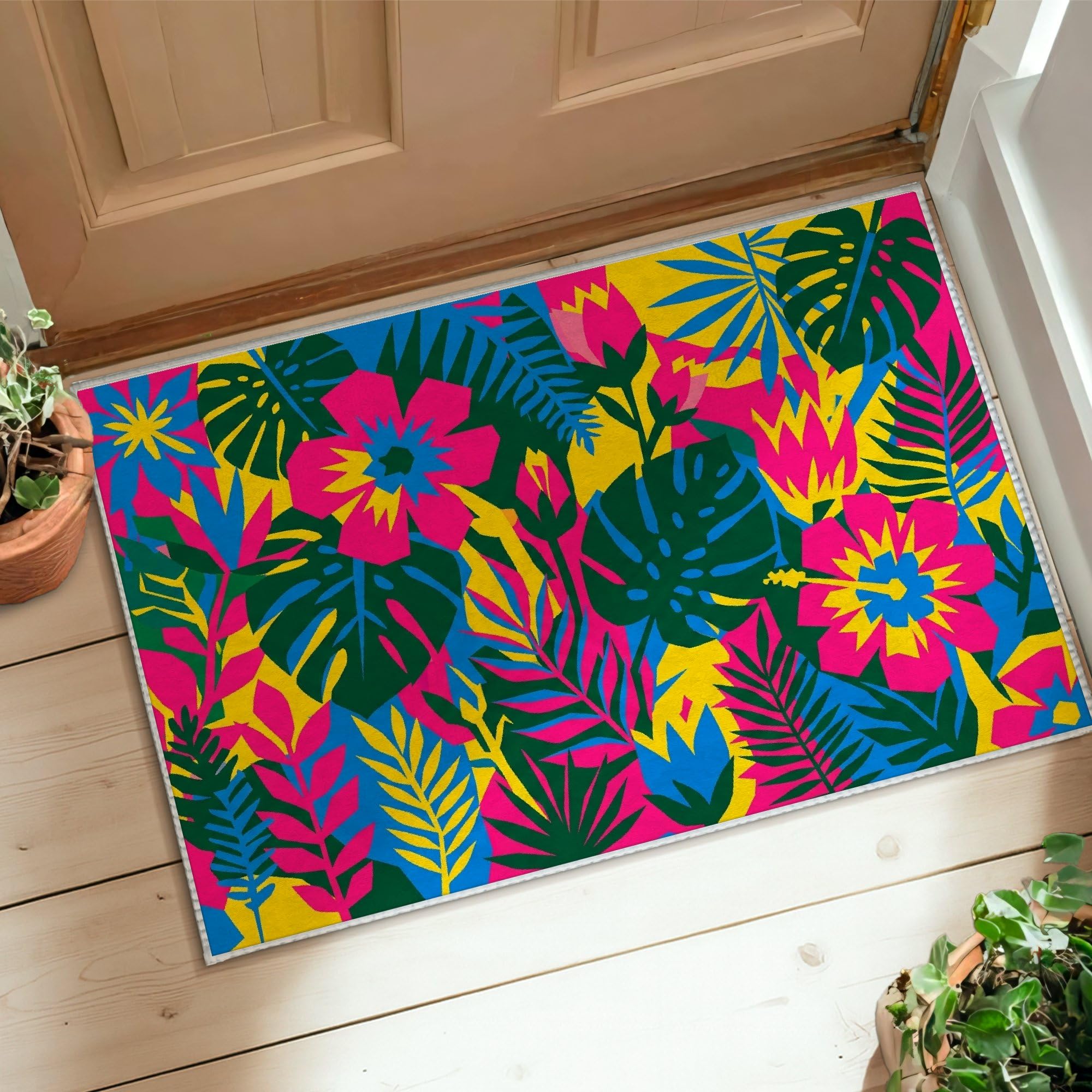 Tapis de sol floral aux finitions soignées et motifs botaniques pastel 60x90cm