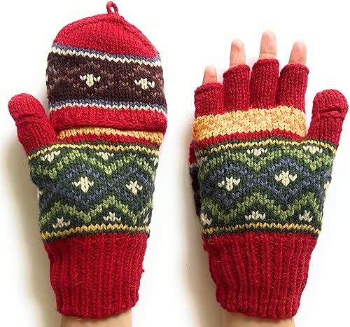Miniatura 7 de Mano Knit Alpaca Convertible Guante Sin Dedos Flip Cover Fair Isle Patrón Forro Polar
