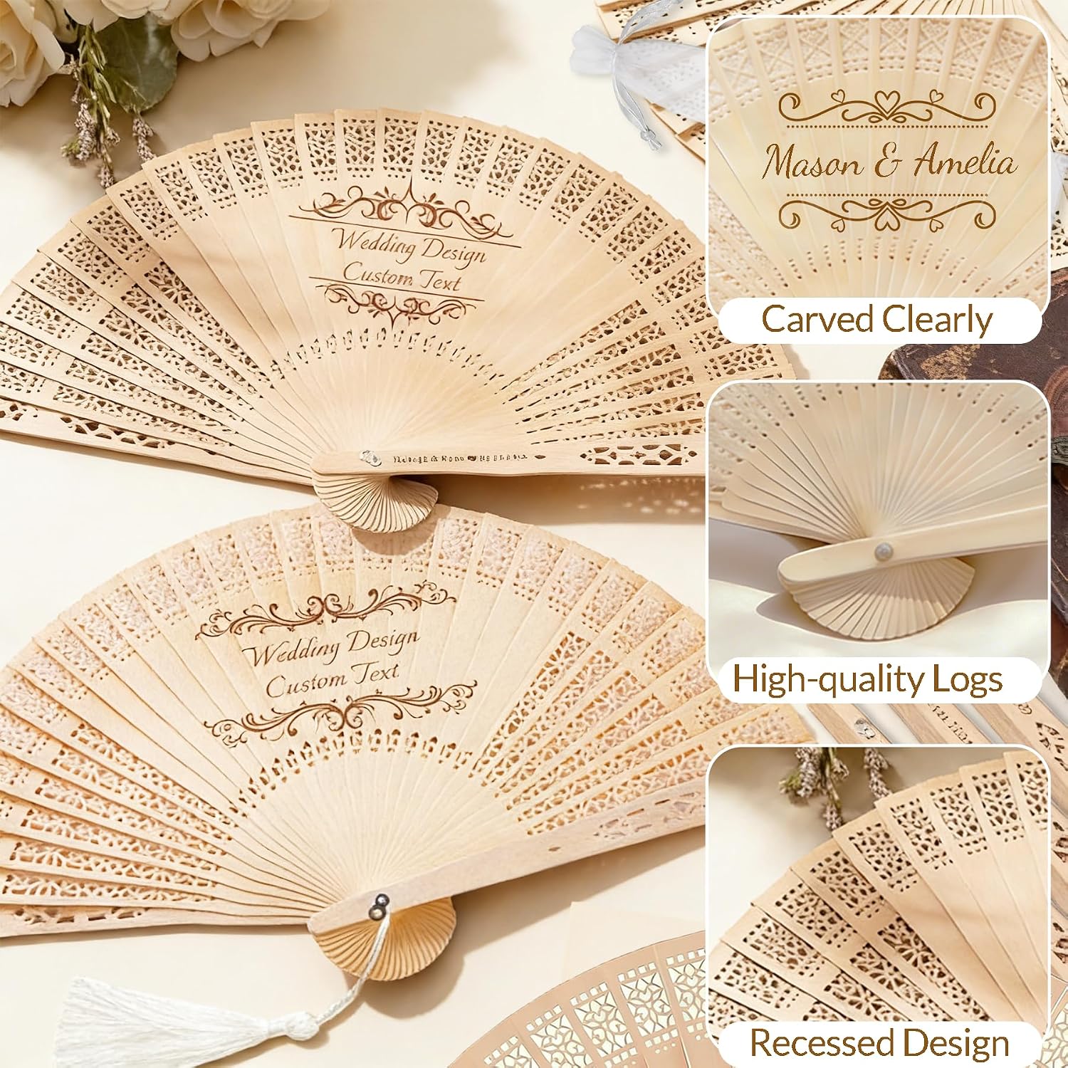 Personalized Wedding Fans for Guests Bulk, Custom Wooden Folding Handheld Fans with Organza Bags & Tassels, Elegant Wedding Favors for Guests, Baby Shower, Birthday & Party Gifts (50Pcs)