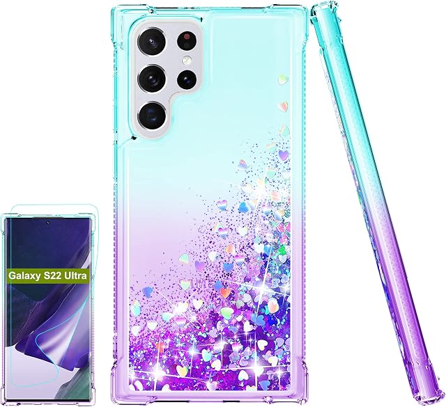 Compatible with Galaxy S22 Ultra 5G Case [with Screen Protector] Clear Liquid Glitter Soft TPU Bumper Cover Transparent Girly Protective Phone Case for Samsung Galaxy S22 Ultra,Teal/Purple