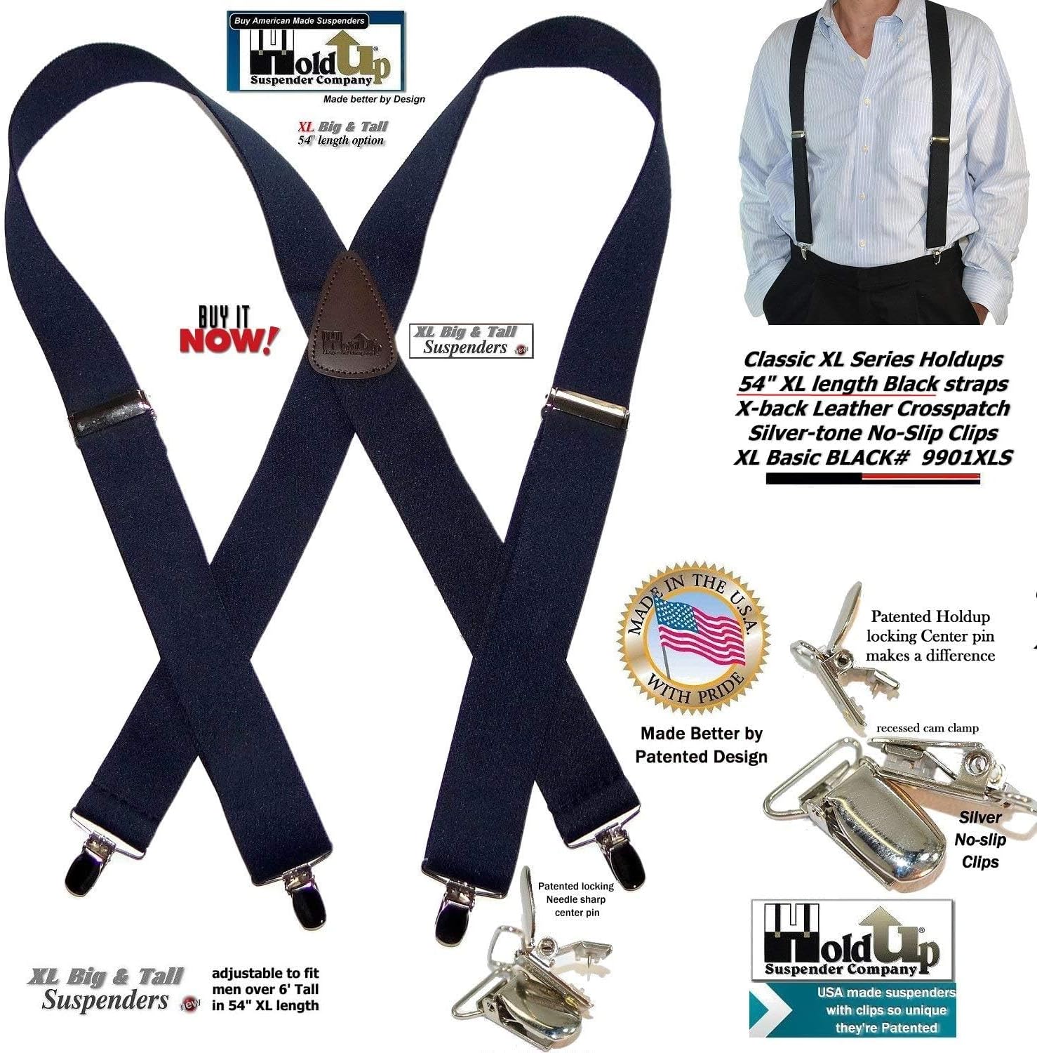 1 1/2" Wide Classic Series Holdups Suspenders for Men in X-back style w/USA Patented No-slip® Silver Clips - Image 4