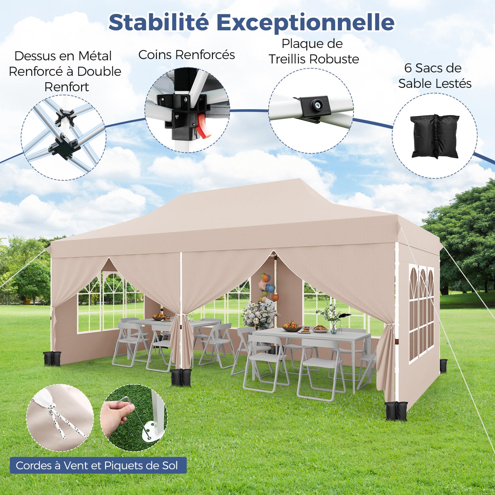 COSTWAY Tonnelle de Jardin 3x6M avec 6 Parois Latérales Amovibles, Tente de Reception Escamotable avec Sac de Transport 6 Sacs de Sable, Tonnelle Instantanée pour Fête Mariage BBQ (Beige)
