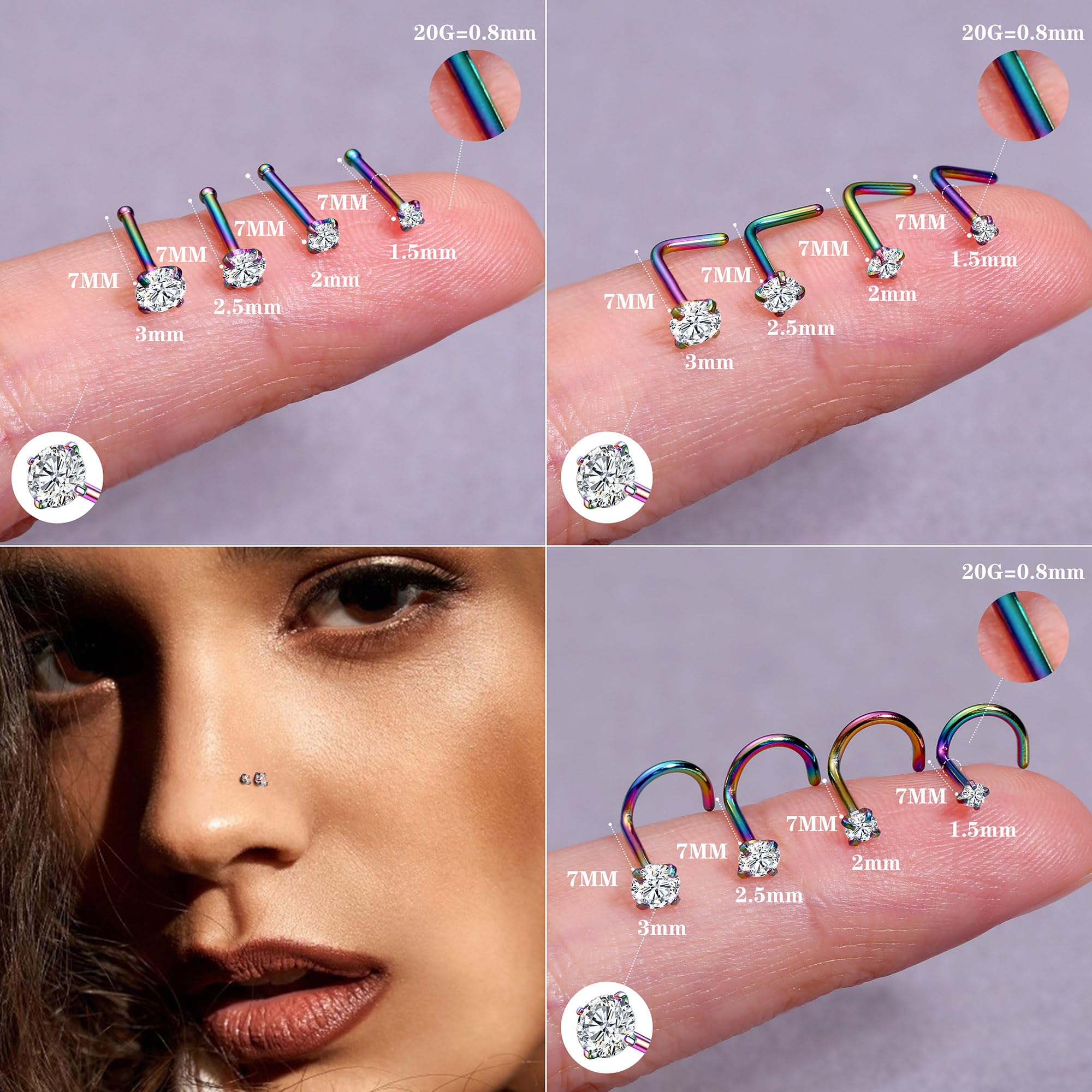 LOYALLOOK 18Pcs Nose Rings Studs - 316L Surgical Steel Gold Nose Studs Double Hoop Nose Ring for Women Men 18G/20G Nose Rings Stud Hypoallergenic Nose/Body Piercing Jewelry 1.5mm 2mm 2.5mm 3mm CZ