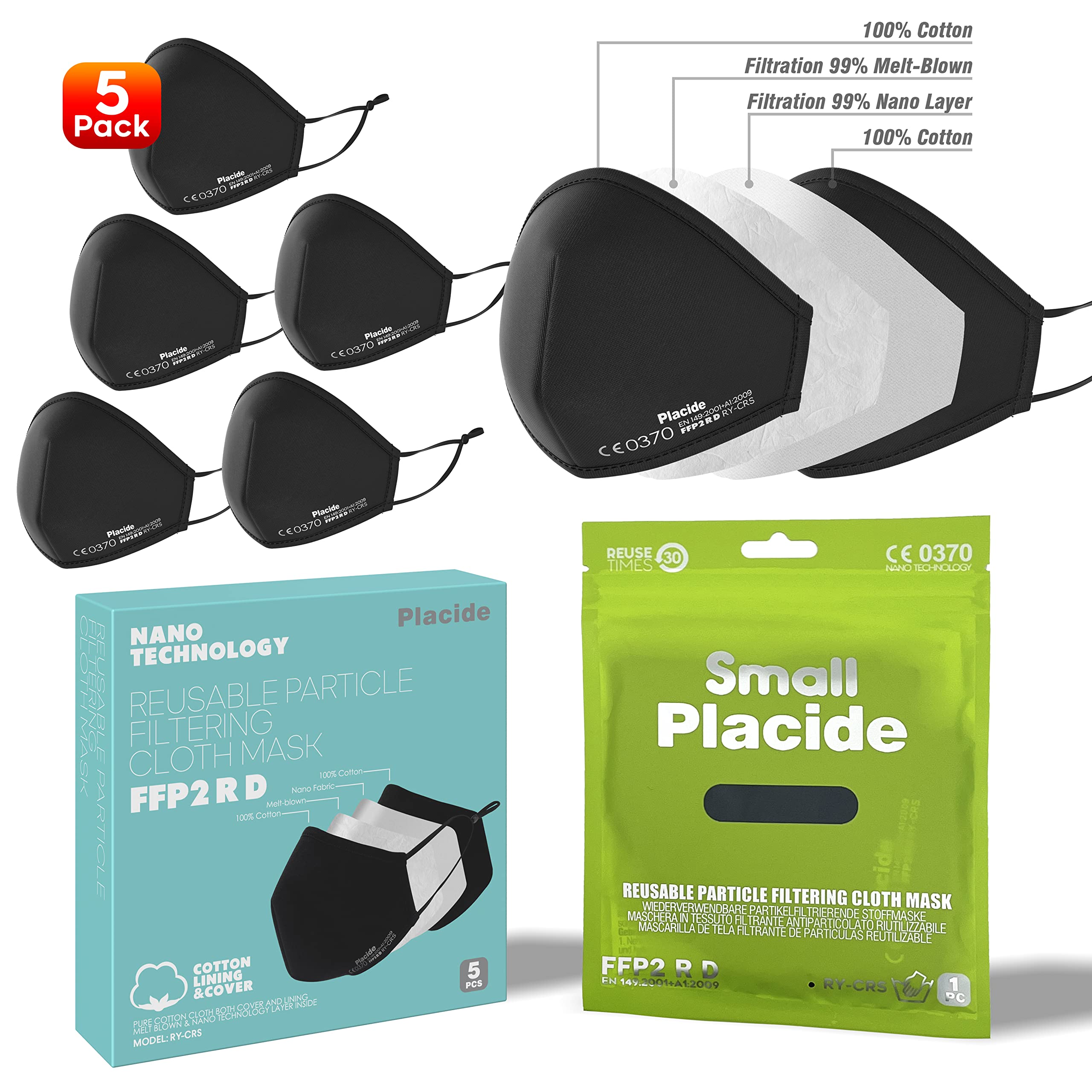 Placide 5x, Re-usable 30 Times, CE Certified FFP2 R D, Washable, Cloth Face Mask, 4-Ply, Nano Technology, 5-Pack Adult
