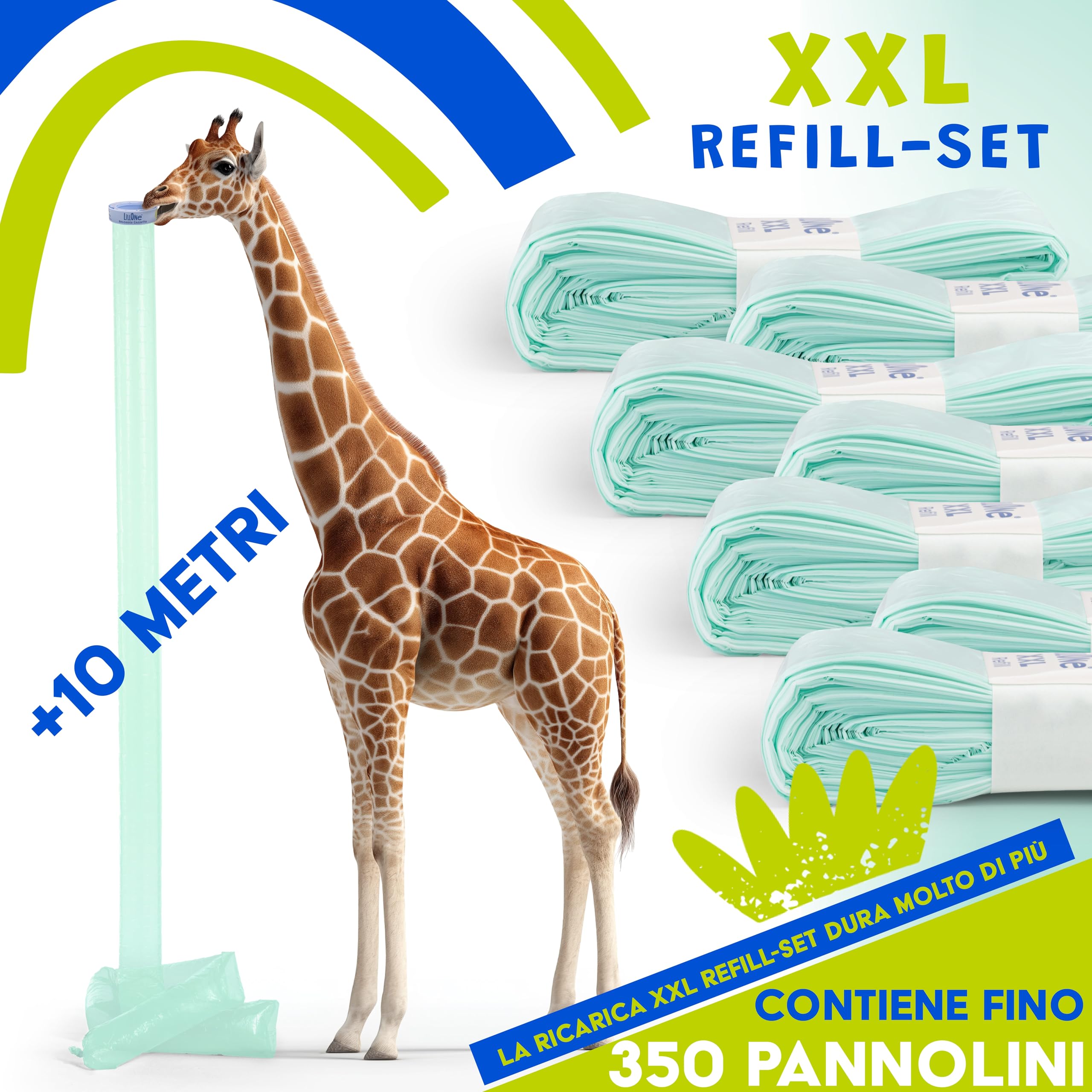 LillOne XXL-SET 10 Ricariche da Oltre 10 Metri + 1 Cassetta Riutilizzabile - Compatibili con Mangiapannolini Maialino Foppapedretti, Angelcare, Munchkin - Extra Lunghe Alta Densità