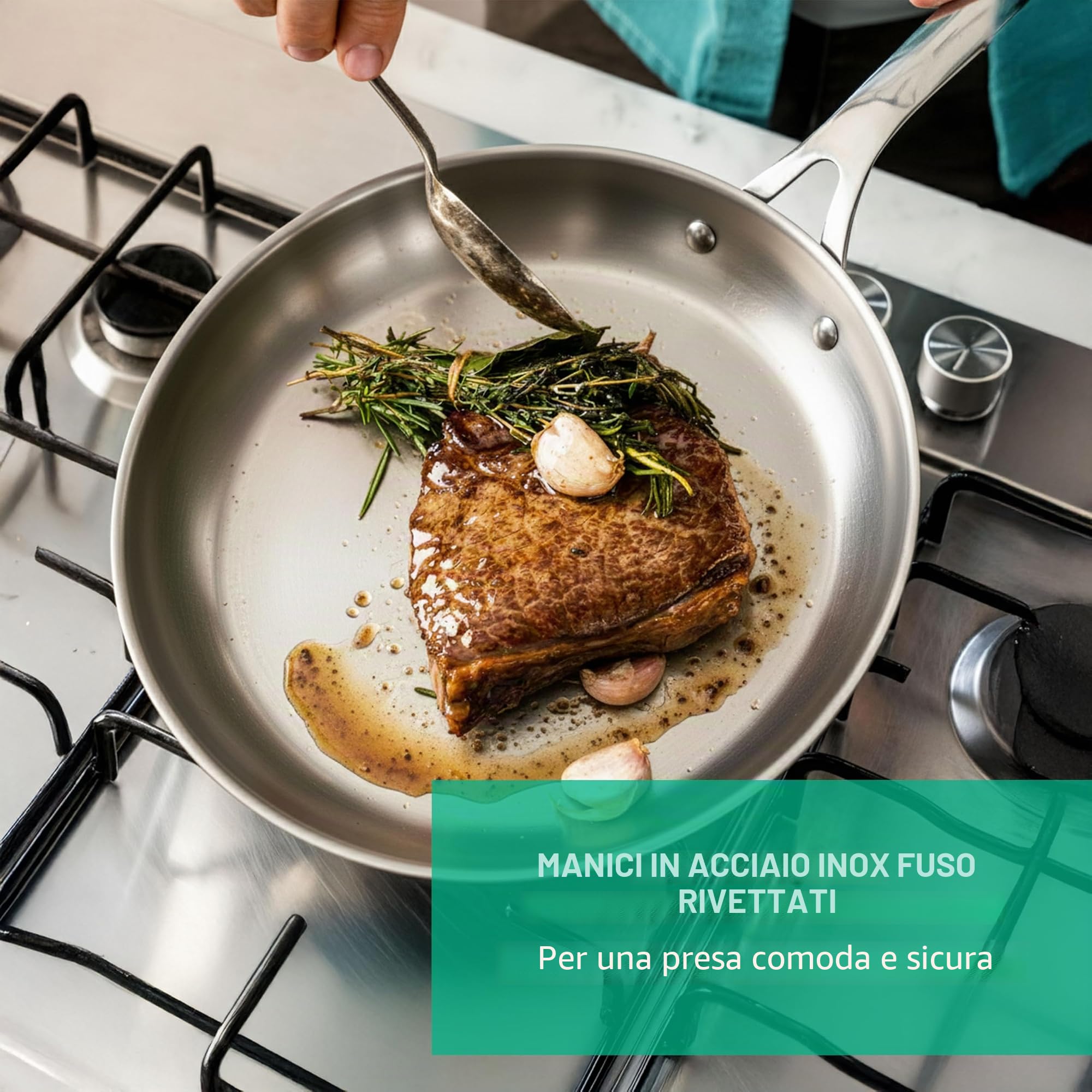 Jamie Oliver by Tefal Cook Smart Padella 24 cm, in Acciaio Inox Non Rivestito, Adatta a induzione, Fondo termofusione, riciclabile, Manico rivettato, in Acciaio Inox, E3110455