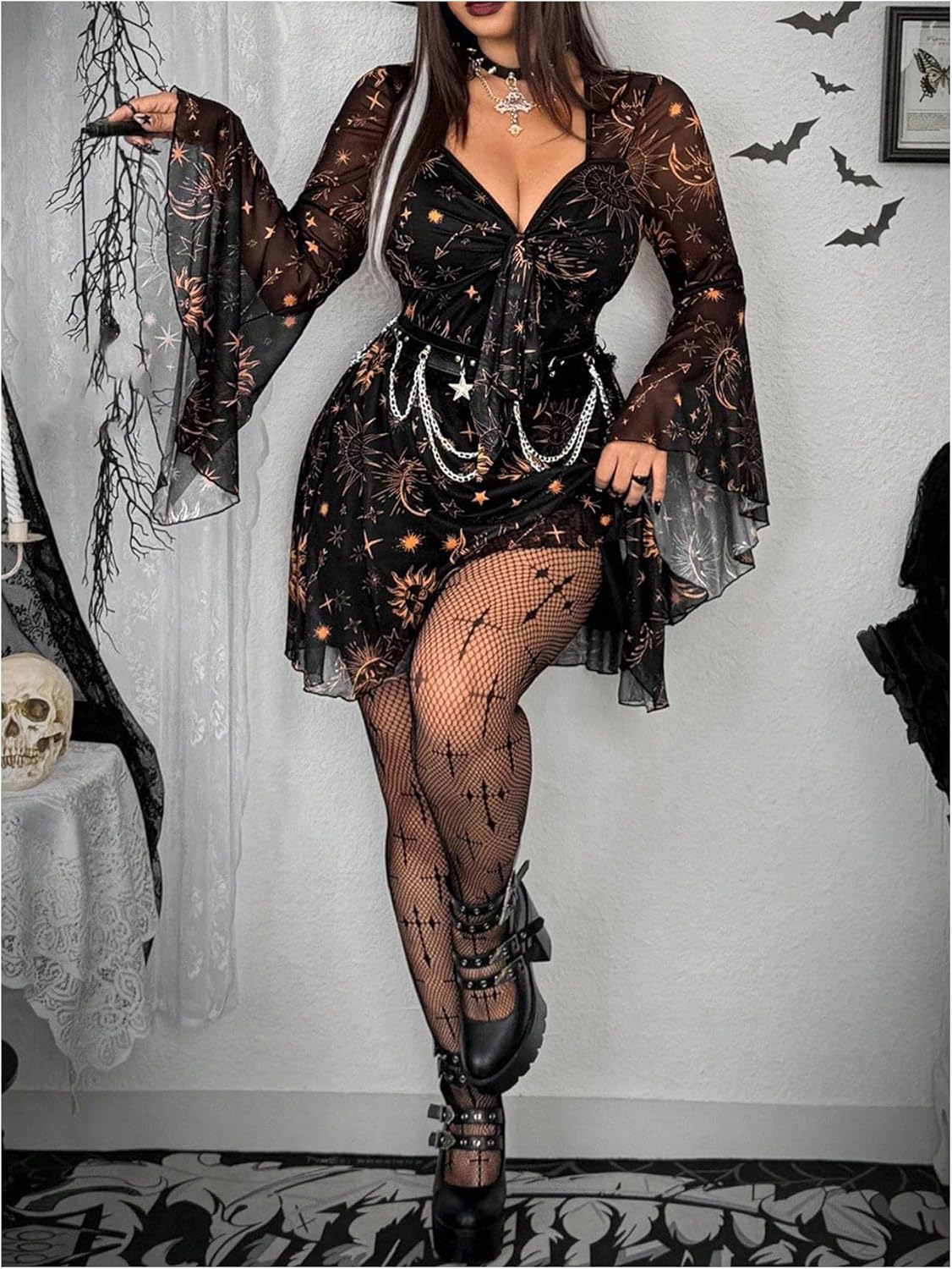 BEAUDRM Women's Plus Size Graphic Short Dress Grunge Punk Mesh Bell Sleeve Sweetheart Neck A Line Dresses Halloween Outfits