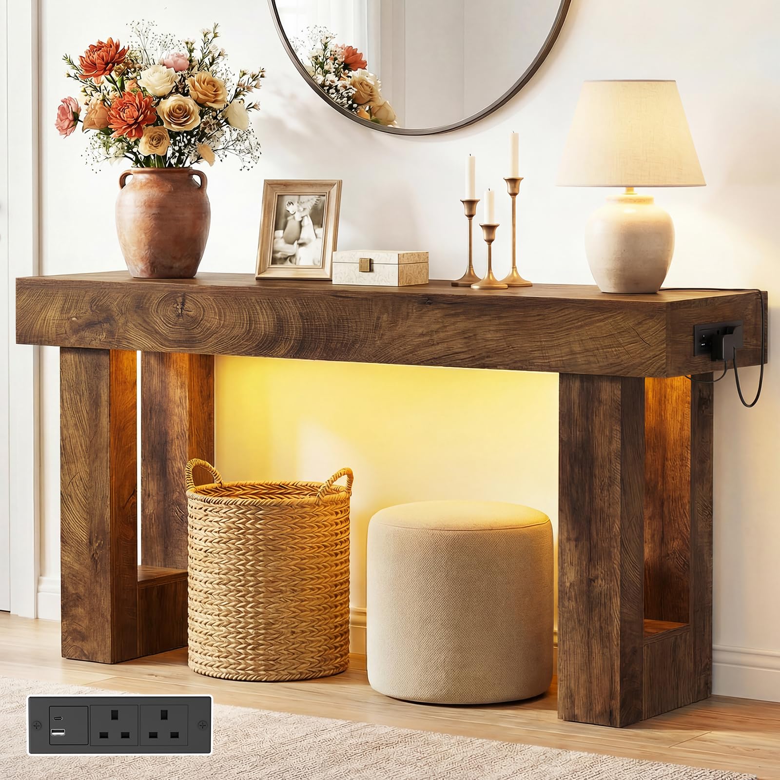 iSunirm Mesa Consola con Enchufes, 120x35x85 cm Consola Recibidor Estrecha con 2 Enchufes, 2 USB y Luz con Sensor, Pasillo, Salón, Detrás del Sofá, Roble Rústico