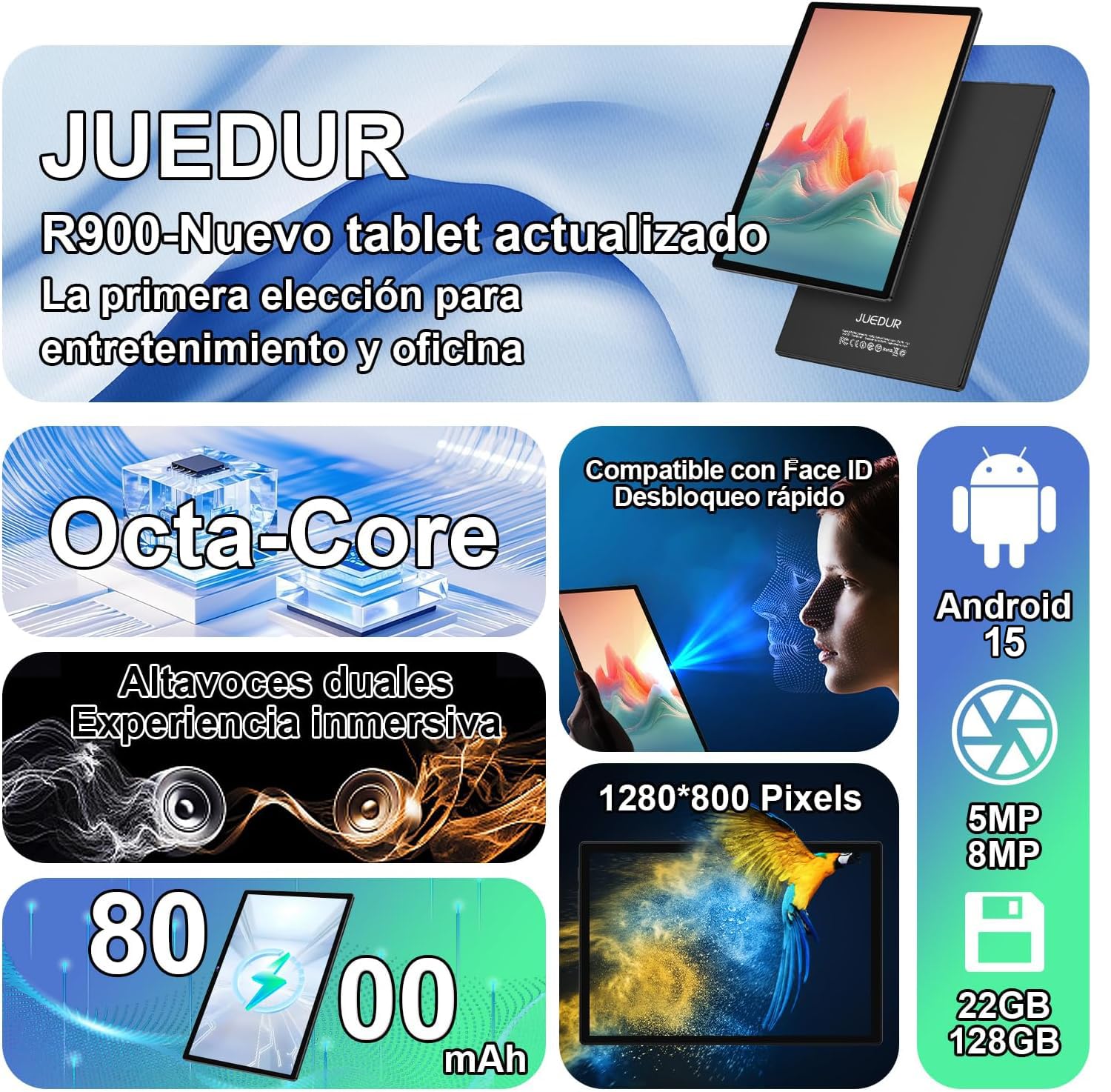 Tablet 10 Pollici Android 15, 22GB RAM+128GB ROM (1TB TF), Widevine L1, Octa-Core, 5G WiFi 6, GPS, Face ID, BT 5.0, 8000mAh, 5MP+8MP, Tablet 2 in 1 con Tastiera e Mouse, Corpo in Metallo - Nero