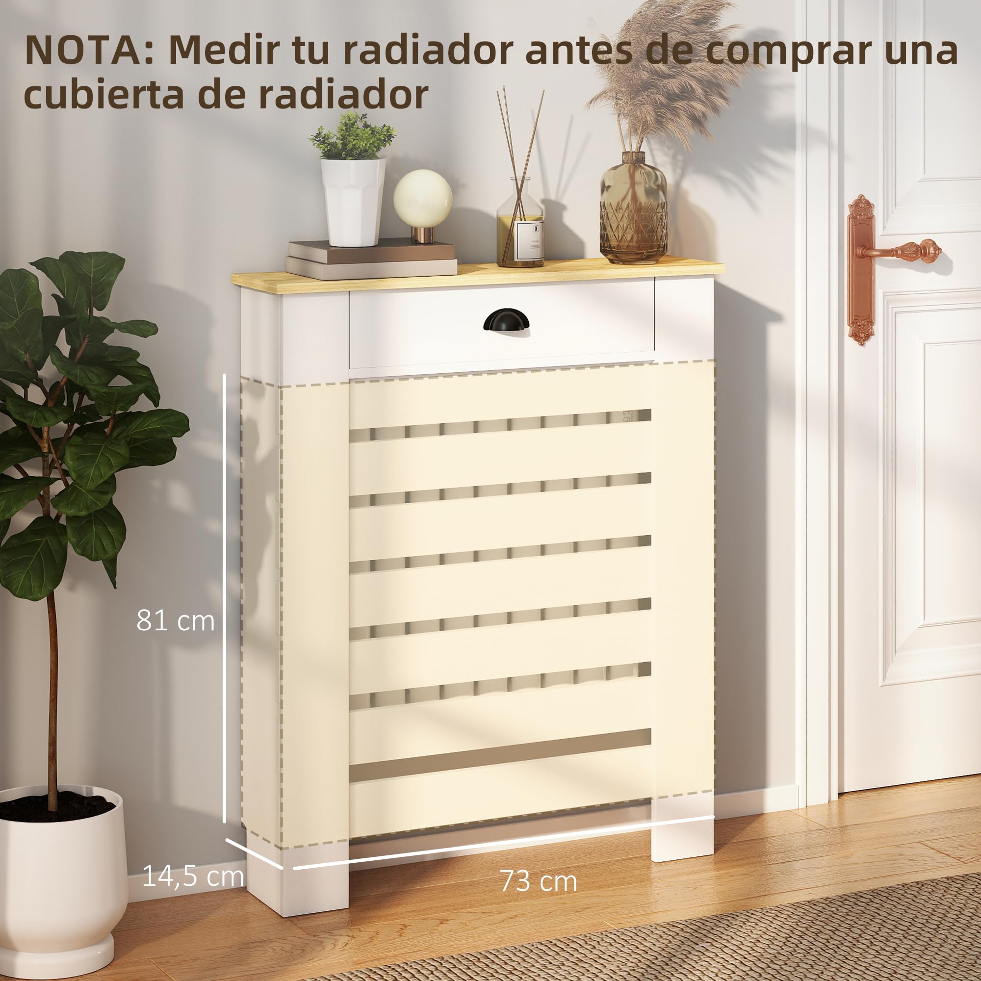 HOMCOM Cubre Radiadores con Cajón, Cubreradiador de MDF, 78x19x95,5 cm, Cubierta para Radiador, Diseño Moderno de Listones, para Salón, Dormitorio, Blanco