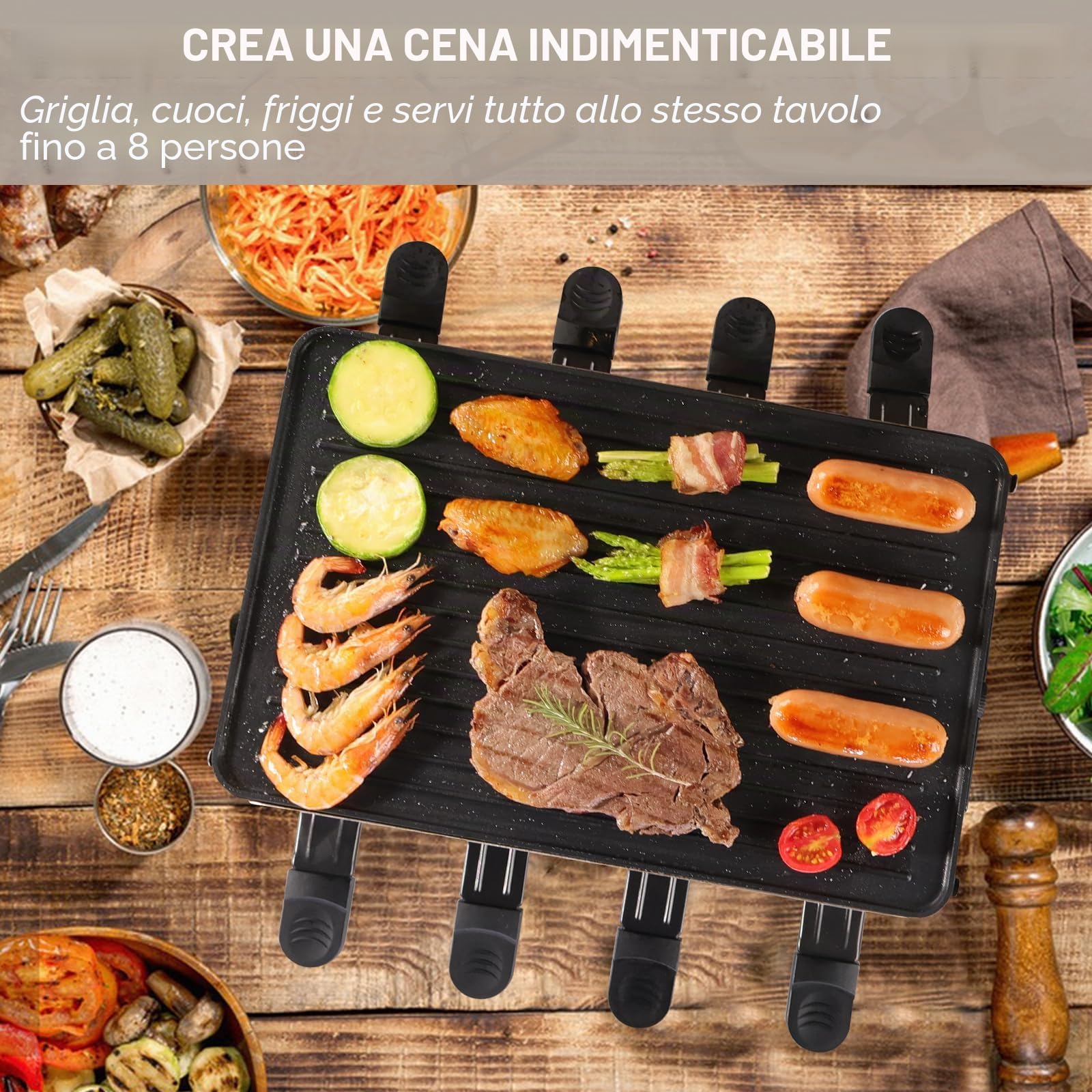 Raclette 8 Persone- 2 in 1 Raclette Grill con 8 Mini Raclette Padelle 8 Spatole in Legno Crepes Griglia Elettrica Barbecue Raclette Formaggio Party Grill 2 6 8 Persone - 1300 W