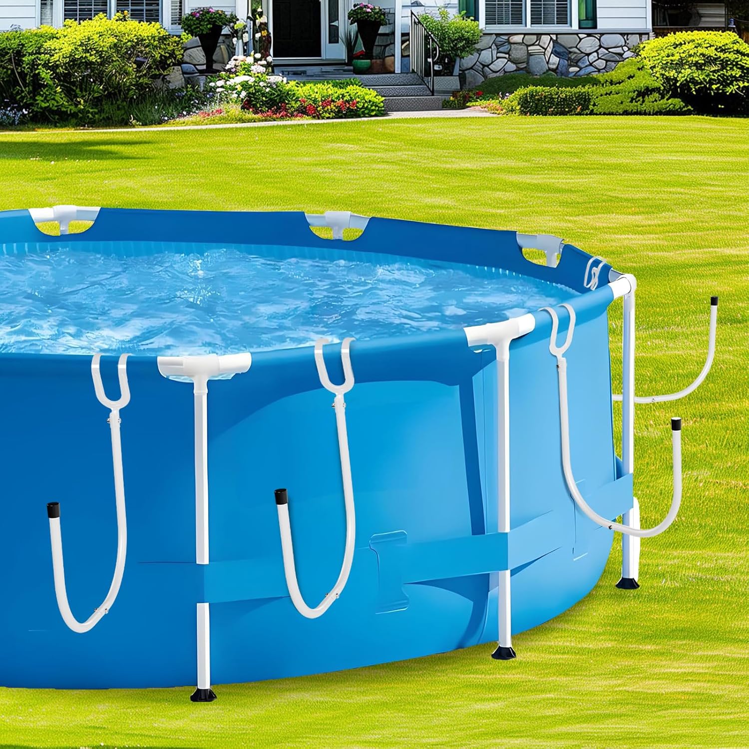 5PCS Pool Solar Cover Holder for Above Ground Pool, Adjustable Pool Cover Hooks for Solar Cover Blanket Storage, Sturdy Metal Solar Cover Holders Designed for Round Frame Above Ground Pools