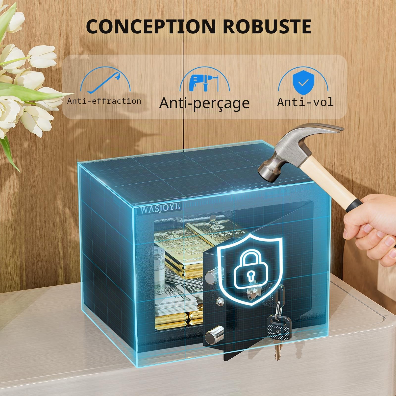WASJOYE Mini Coffre Fort Domestique,23 * 17 * 17cm Coffre Fort Serrure à clé de Sécurité - Petit Coffre Fort pour la maison,L'argent, de documents,de bijoux,de passeports 6.6L