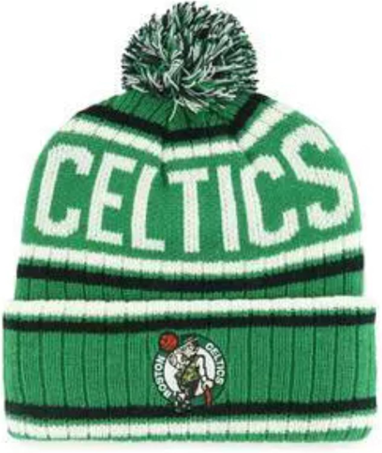 Officially Licensed Boston Basketball Cuffed Knit Pom Beanie Hat Classic Embroidered Team Logo Winter Sports Green/Multicolor Cap