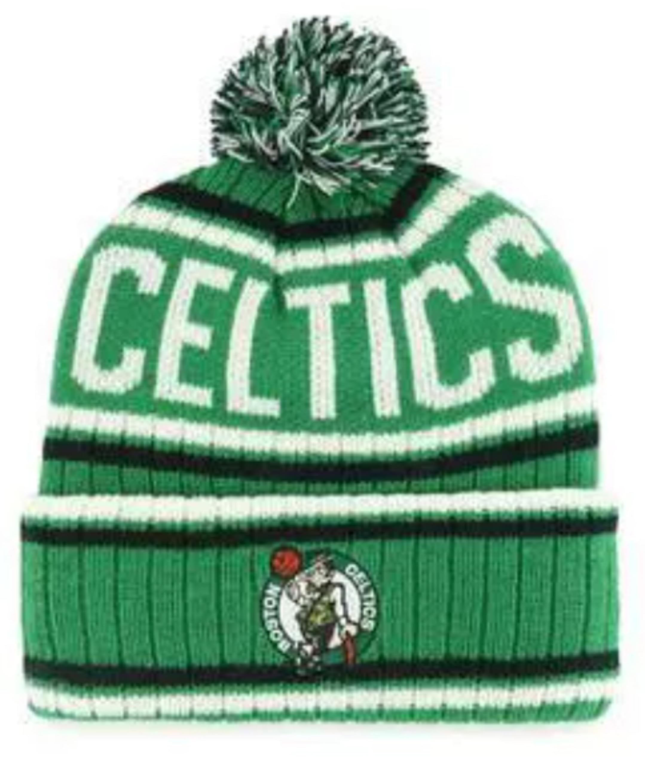 Officially Licensed Boston Basketball Cuffed Knit Pom Beanie Hat Classic Embroidered Team Logo Winter Sports Green/Multicolor Cap