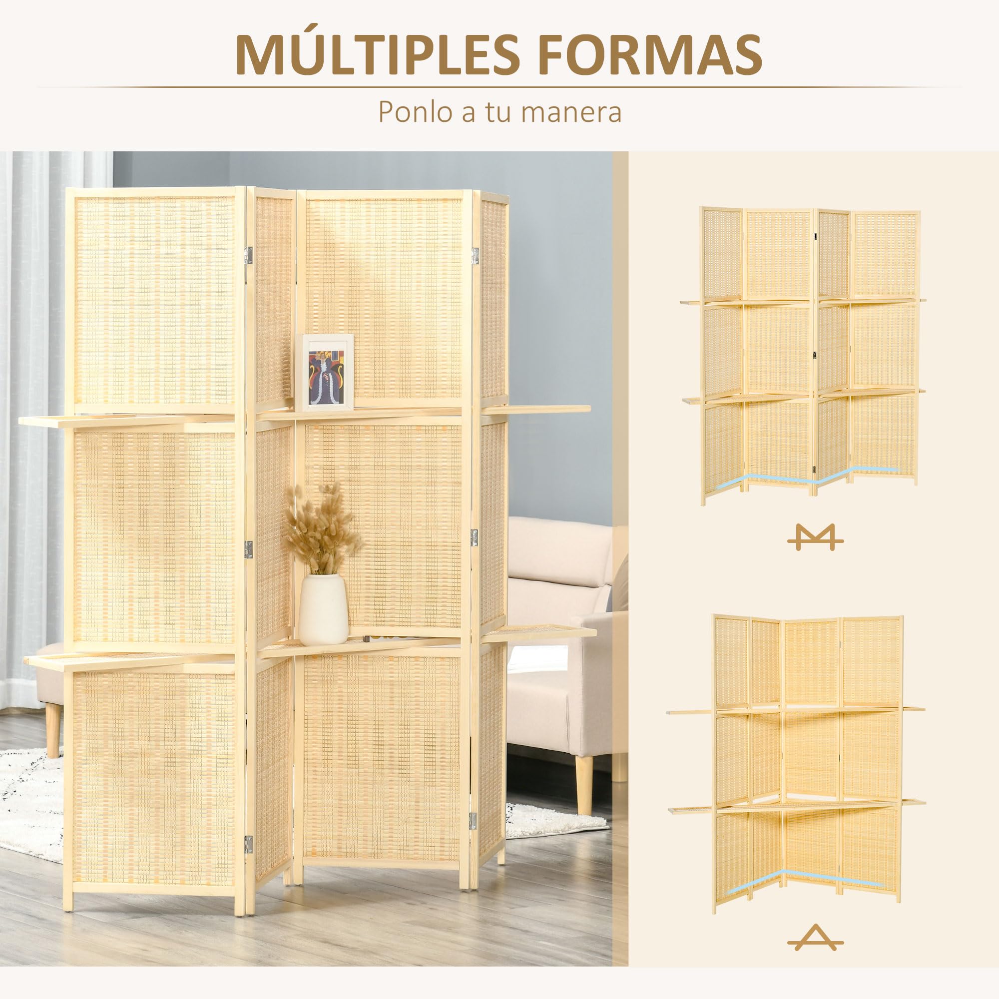 HOMCOM Biombo de 4 Piezas de Bambú Biombo Separador de Ambientes Plegable con 2 Estantes Extraíbles Divisor de Habitaciones Dormitorio 180x180 cm Natural