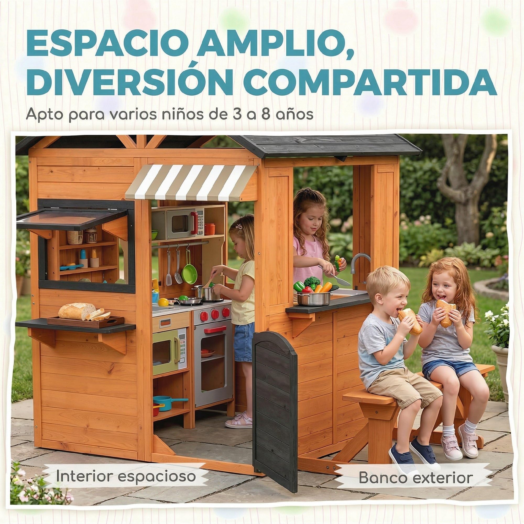 AIYAPLAY Casita Infantil Exterior e Interior de Madera, Casita Infantil Grande con Cocina de Juguete, Banco de Picnic, Ventanas de Servicio, Media Puerta, Casa de Jardín para Niños de 3-8 Años, Marrón