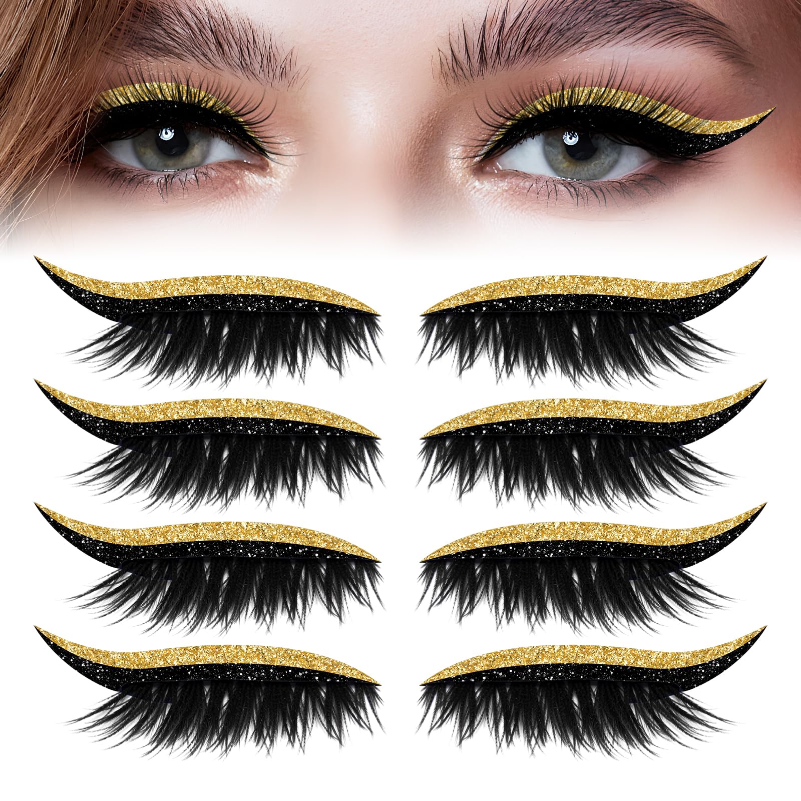 Lazy Eye Shadow Eyelash Patch, Lazy Eyelash Stickers,4 Pairs Reusable Adhesive Eyelashes, Natural & Waterproof Eyelashes Makeup Stickers Instant for Women's Make Up (Gold)