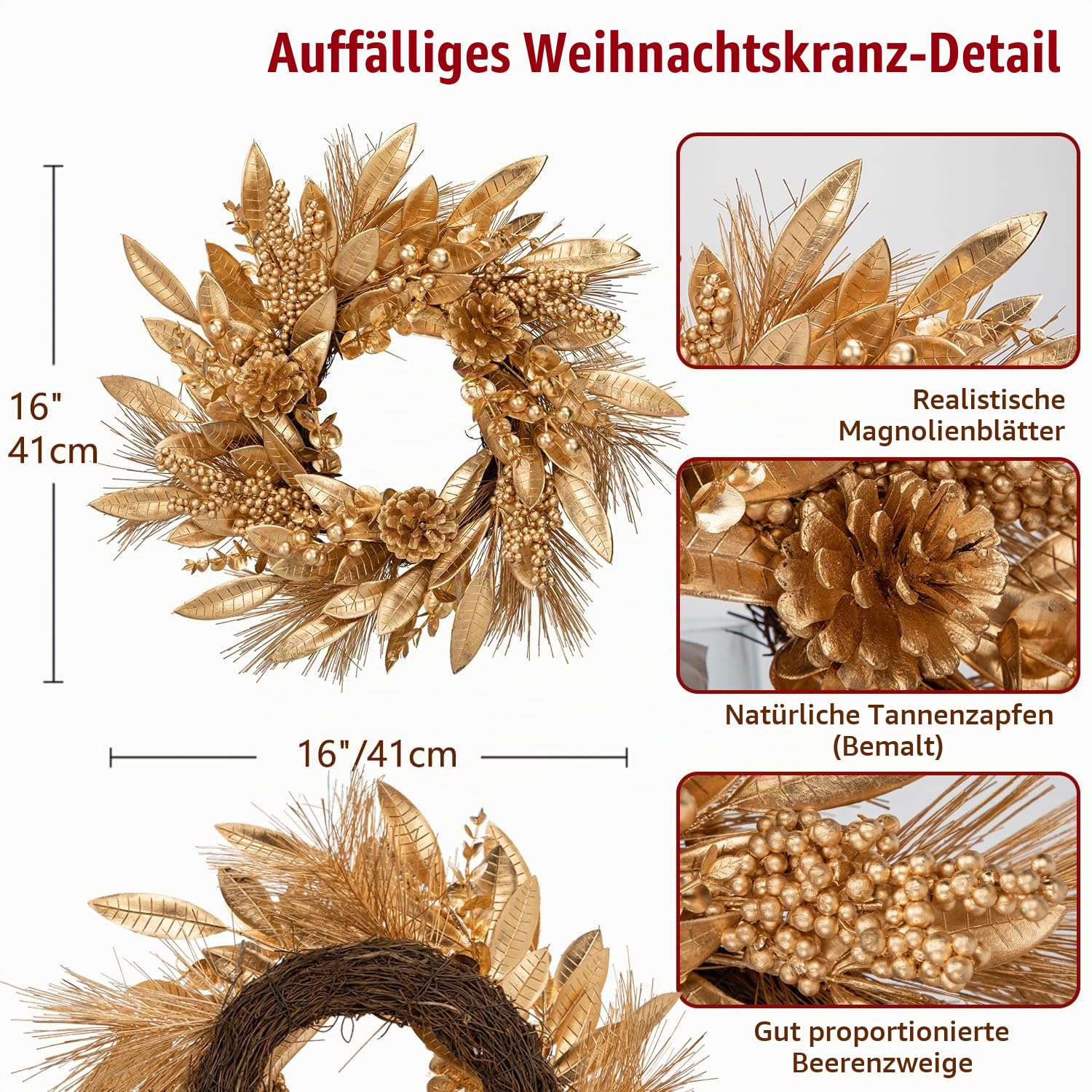 40CM Weihnachtskranz Goldener Künstlicher Türkranz mit Magnolienblättern Beeren Tannenzapfen Weihnachtsdeko für Winter Weihnachten Dekoration