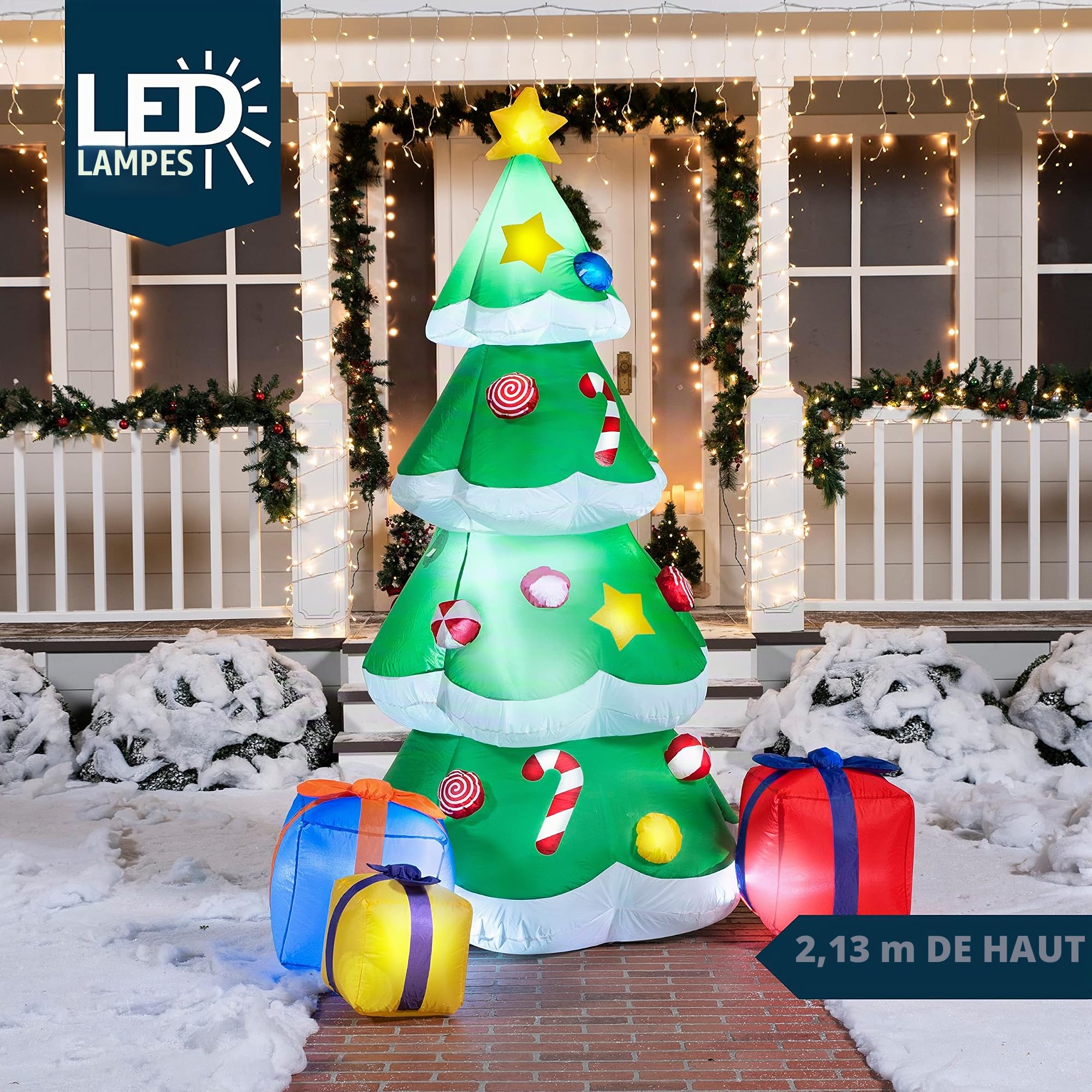 Joiedomi Sapin de Noël géant gonflable à DEL de 2,1 m avec 3 boîtes cadeaux, parfait pour décoration de cour gonflable, intérieur ou extérieur, décoration de Noël