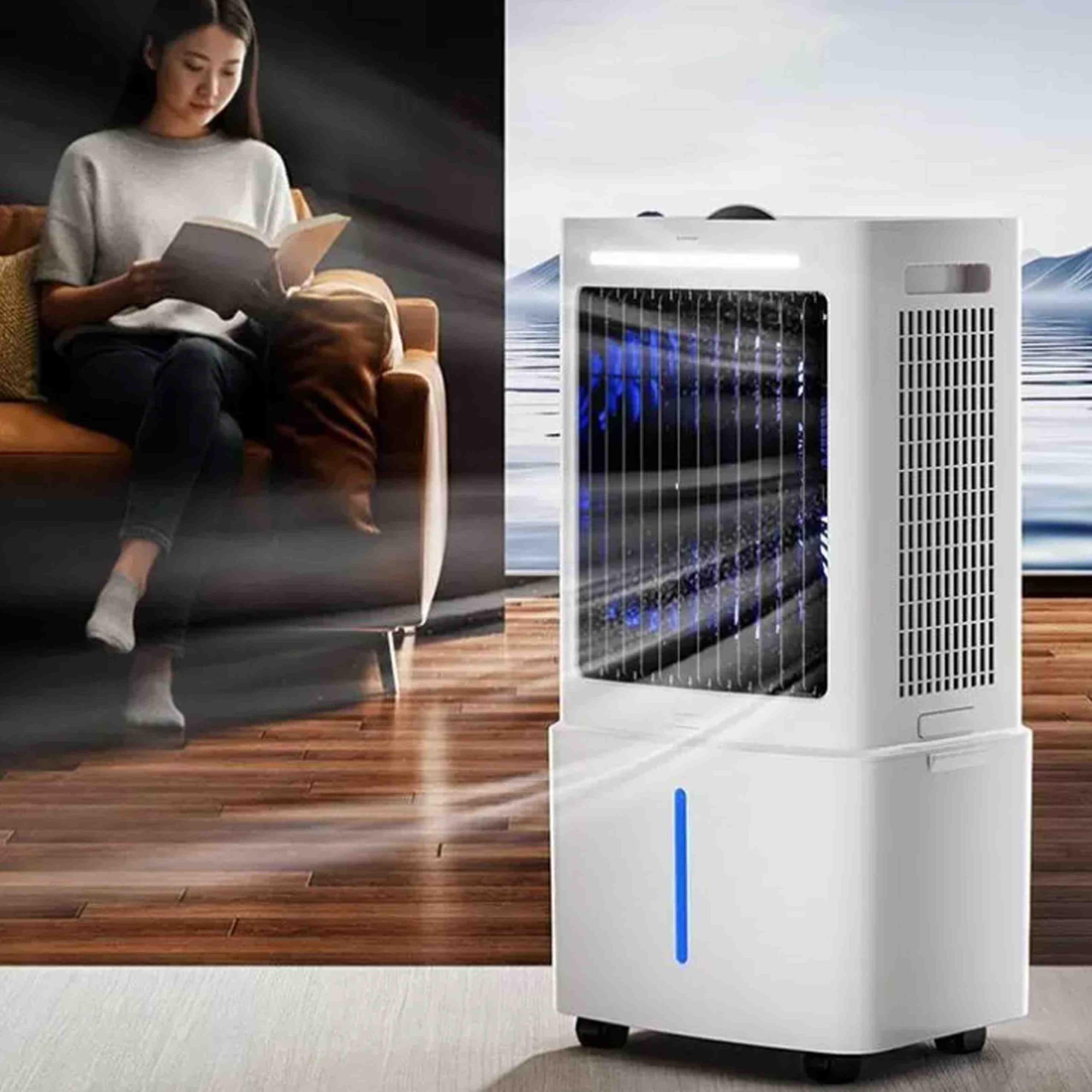 Enfriador de Aire Portátil Eficiente para el Hogar, Climatizador Evaporativo 25L, Área Aplicable 25m², Flujo de Viento a 10m, Blanco
