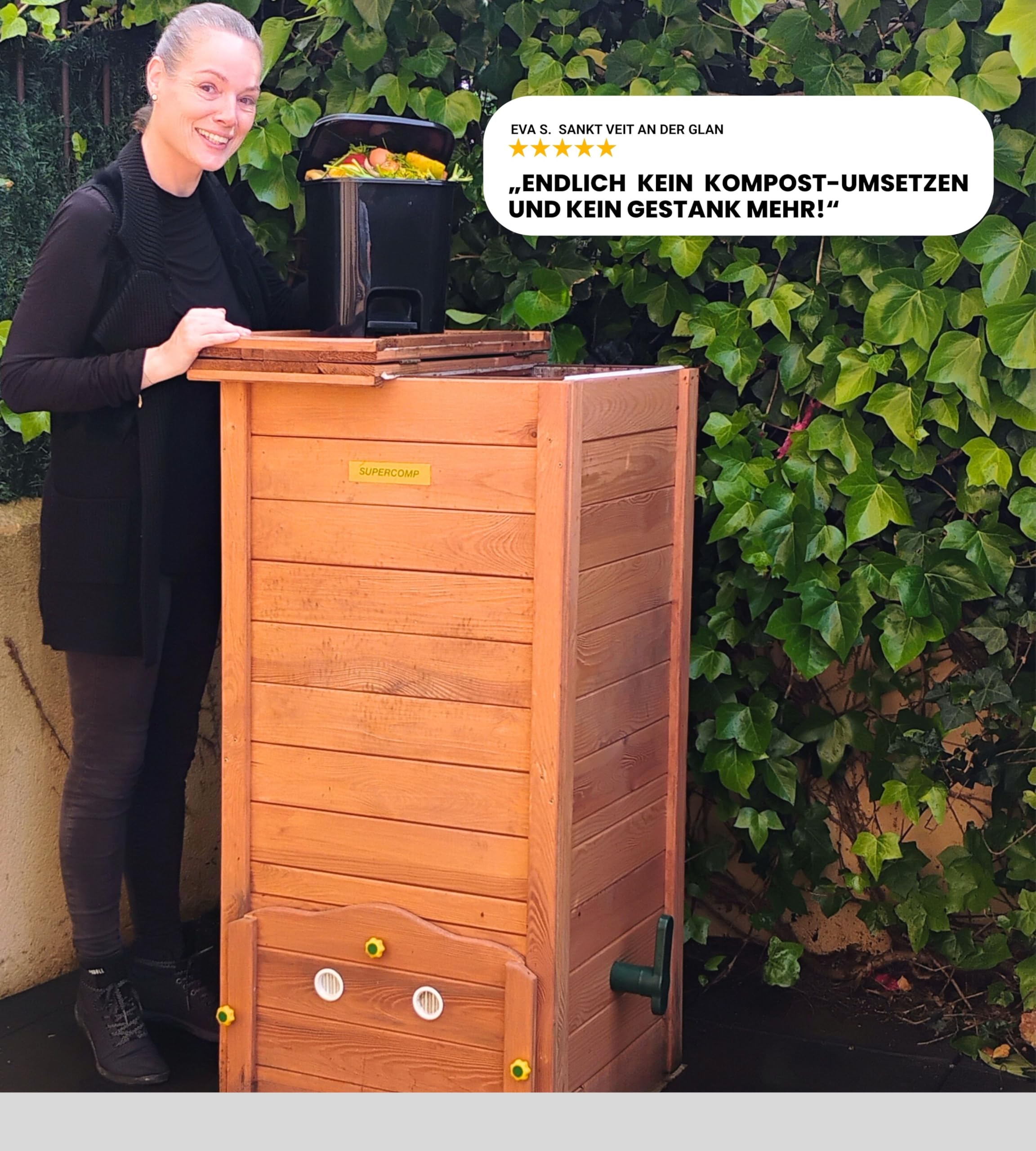Holz Komposter Rattensicher mit Deckel, Schädlingsschutz, Durchlüftungsgitter und Boden, Gleit-Technik Kompostieren ohne üblen Gerüche, kein Umsetzen mehr, 340 L