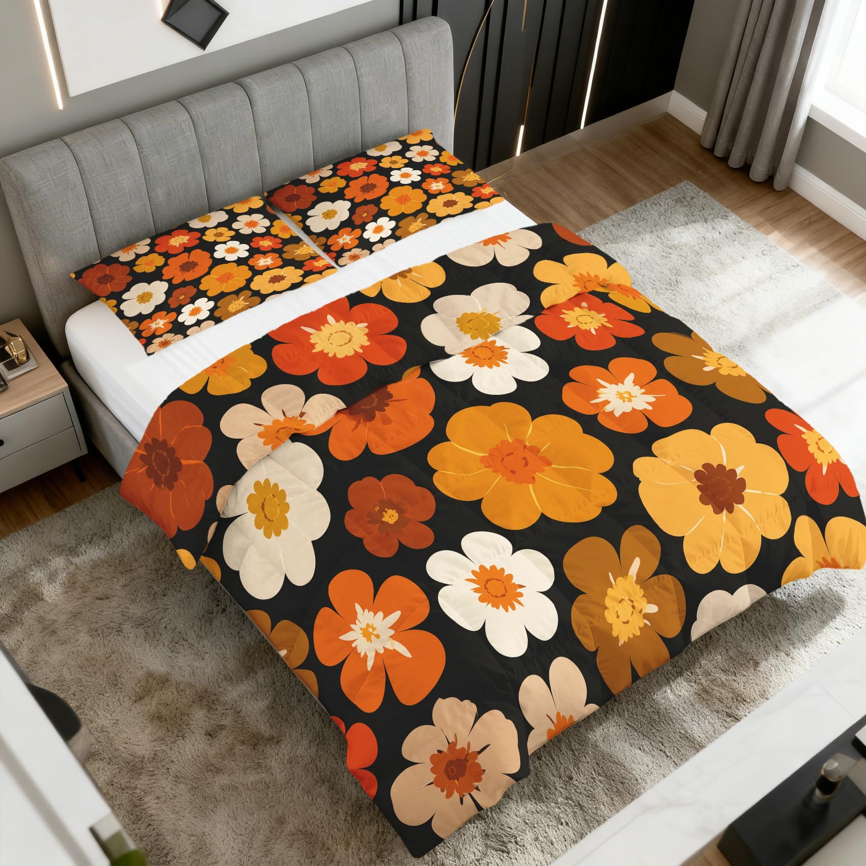 Blumen Bettdecke 135x200 4 Jahreszeiten, Vintage Retro Orange Bettdecke Ohne Bezug Warm Steppdecke Ganzjahresdecke Winterdecke Mit Kissenbezug, Schlafzimmer Deko Blumen