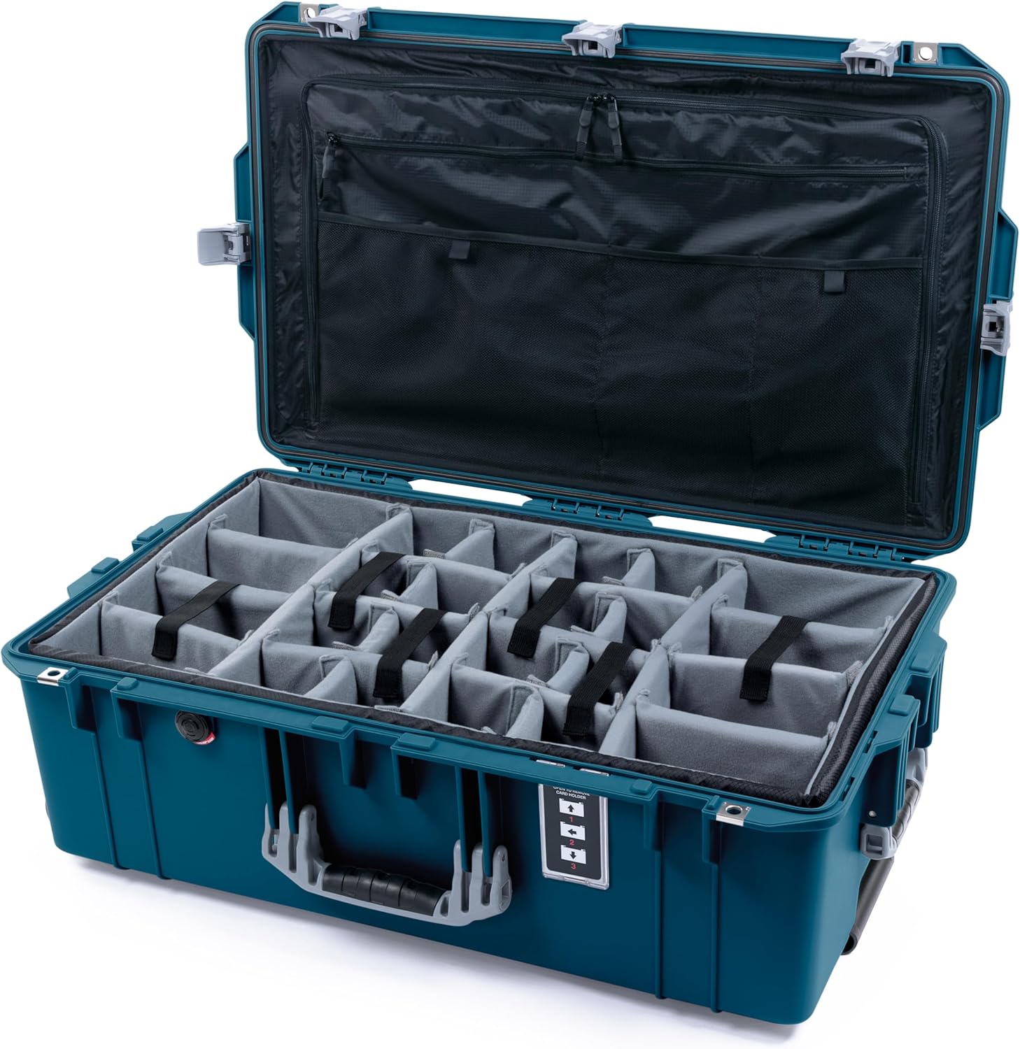 ColorCase Pelican 1595 Case Indigo - Large Sized Waterproof Case with Grey Padded Dividers & Combo Pouch Lid Organizer- Teal Handles & Latches
