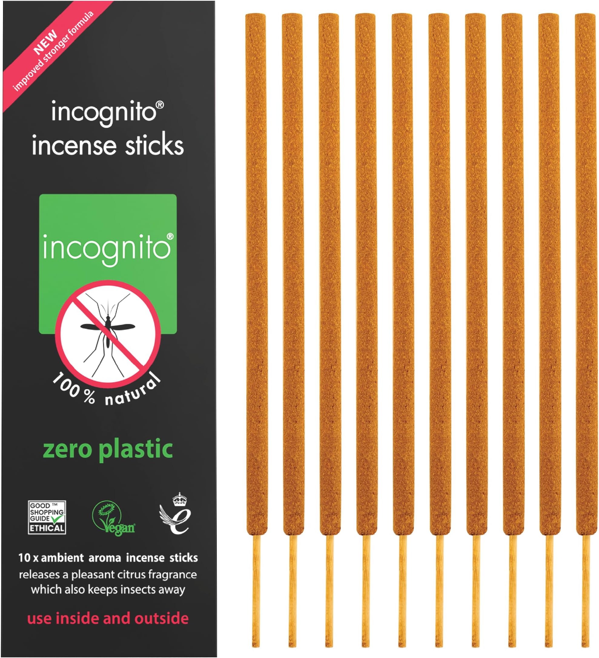 INCOGNITO AntiMosquito Citronella incense Sticks sticks Lasting Up To 2 hours Insect and Mosquito Repellent Suitable For Indoors Outdoors Citronella Natural Refreshing Incense Burners, Black, 10 count