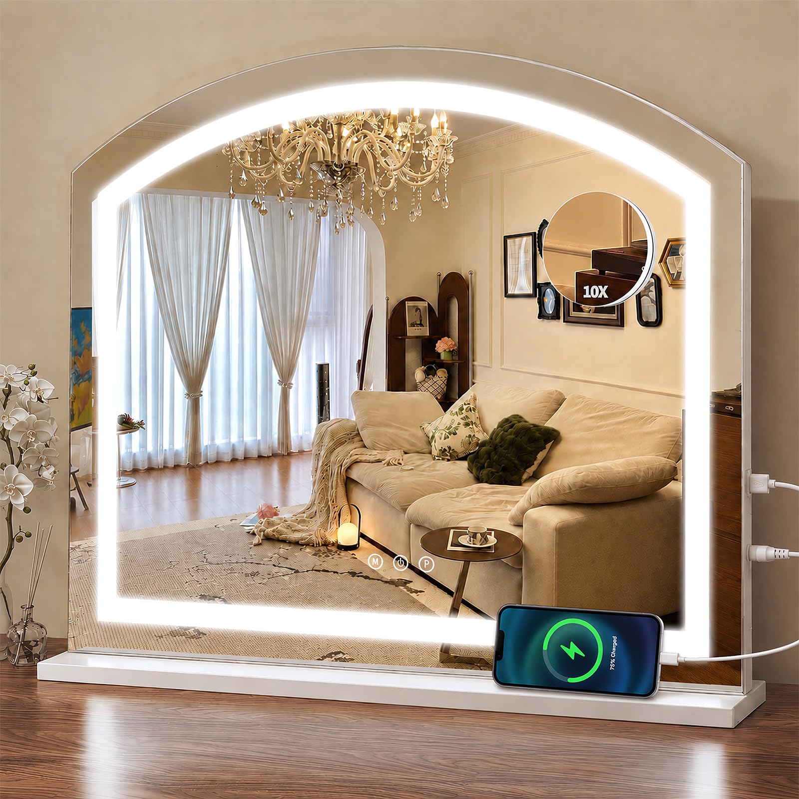 Tuocal Vanity Mirror with Lights, 60x50cm Lighted Makeup Mirror 3 Lighting Modes, USB Port with Smart Touch Screen Control Cosmetic Tabletop Mirror for Bedroom, Dressing Room