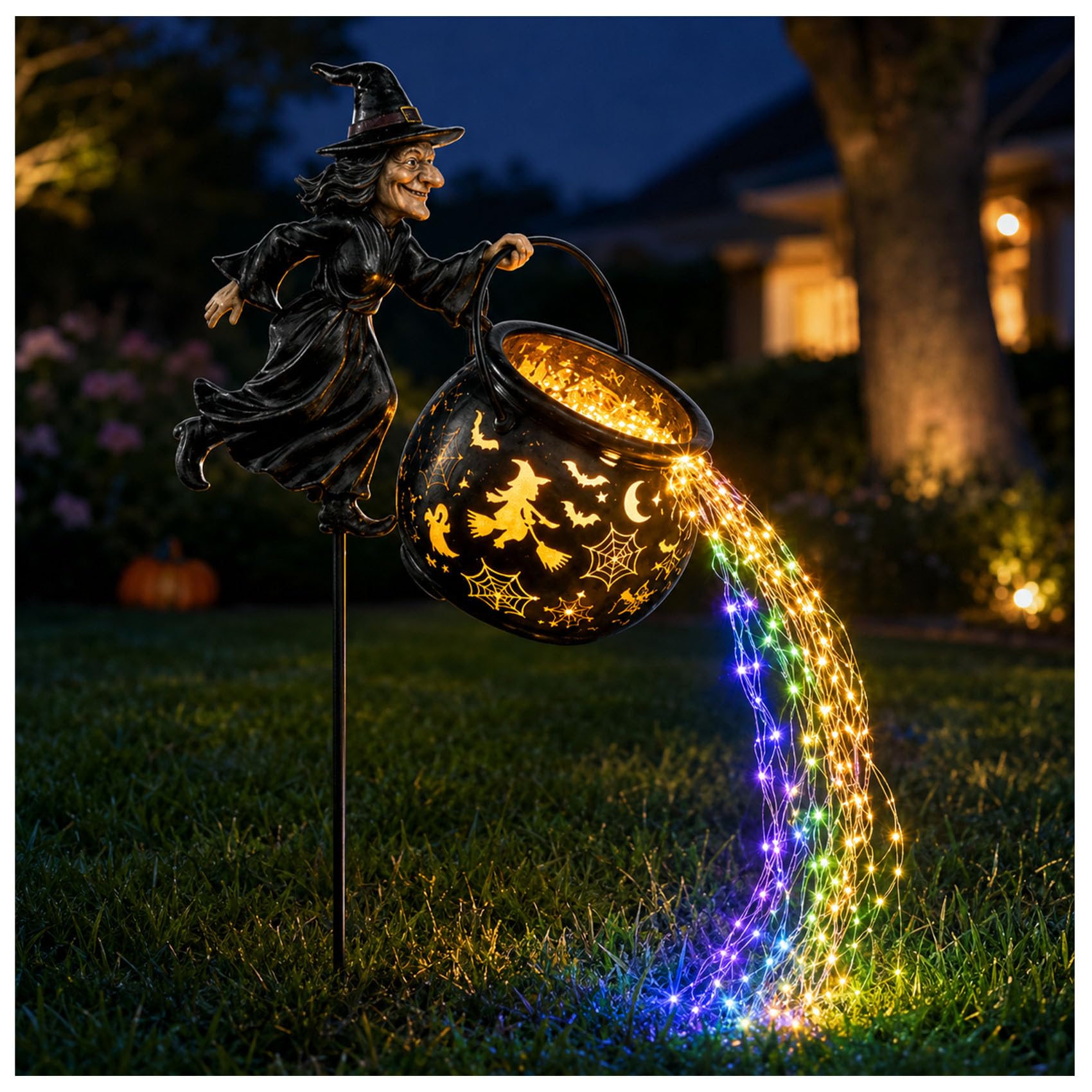 Jeeeun Halloween Witch Cauldron Garden Light, Battery Powered Dynamic Waterfall-Style Garden Stake for Yard, Lawn, Pathway and Outdoor Halloween Decor